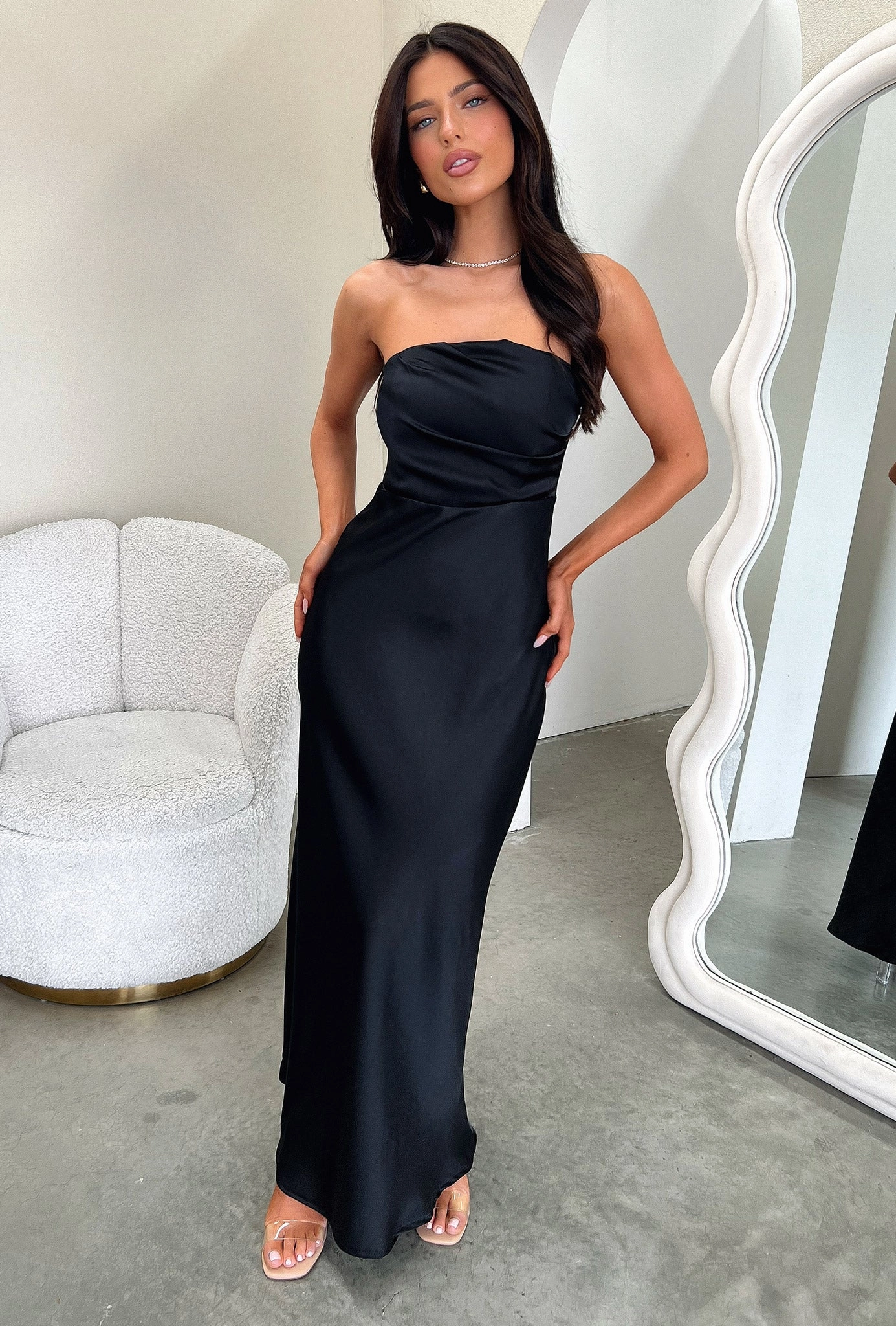 Breezy Style Everyday-Use Elio Strapless Satin Maxi Dress - Black