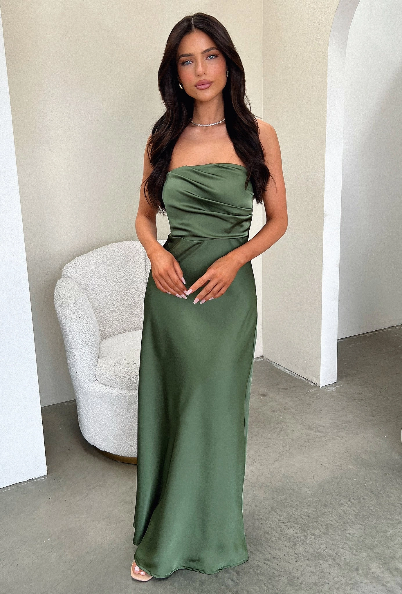 Elio Strapless Satin Maxi Dress - Olive garden wedding Editor??s-Pick