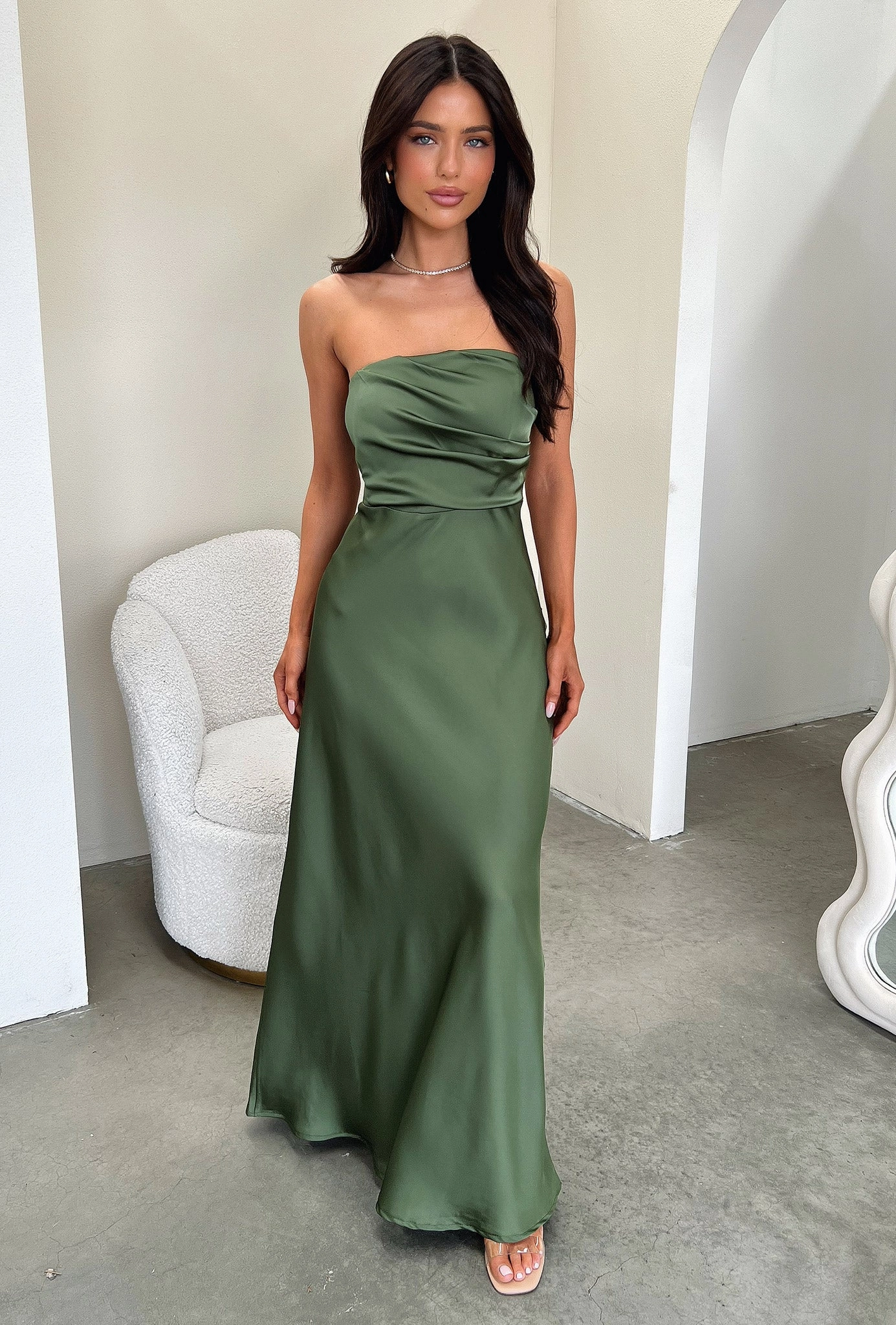 Soft Composition Elio Strapless Satin Maxi Dress - Olive