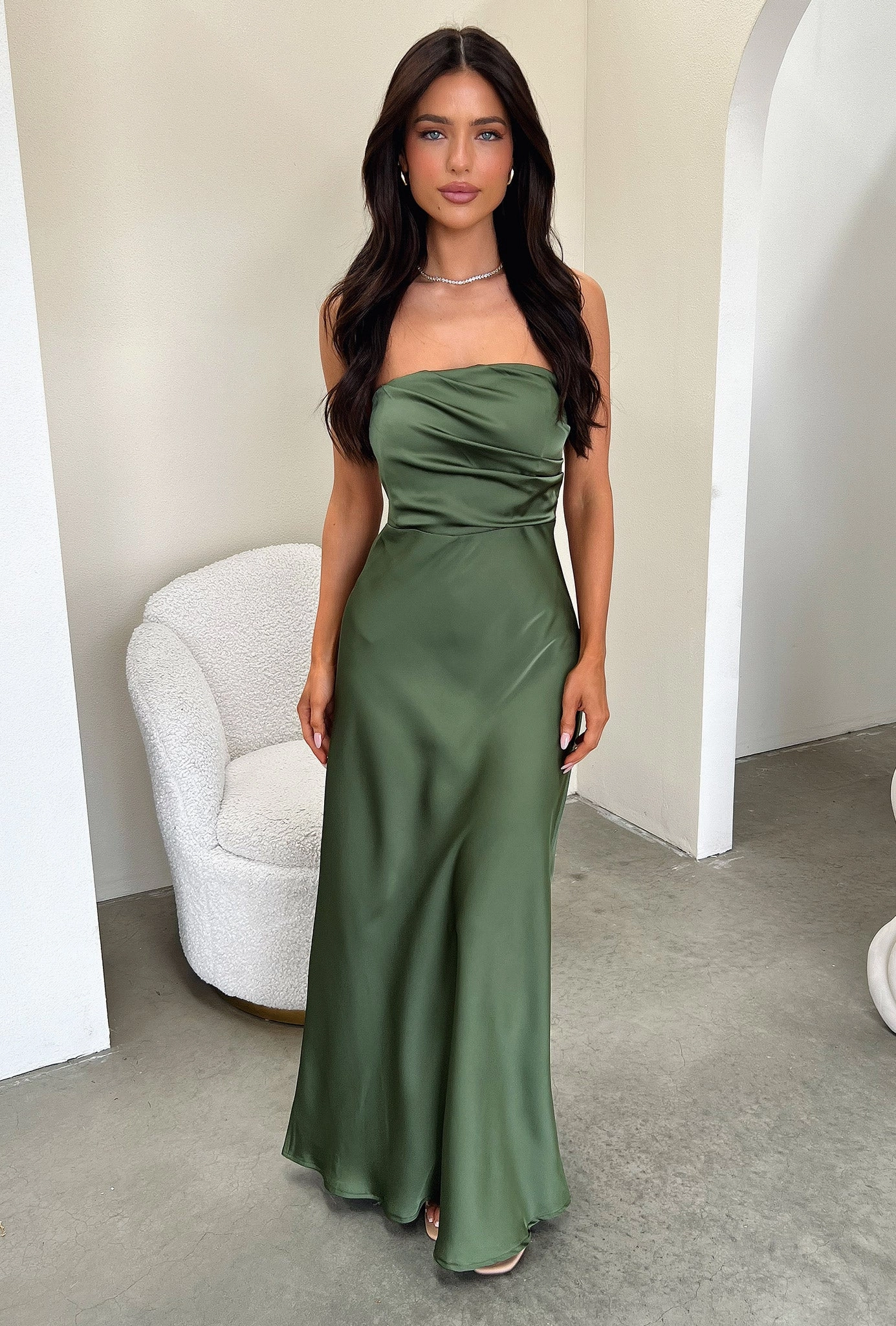 Casual Comfort Wear Elio Strapless Satin Maxi Dress - Olive