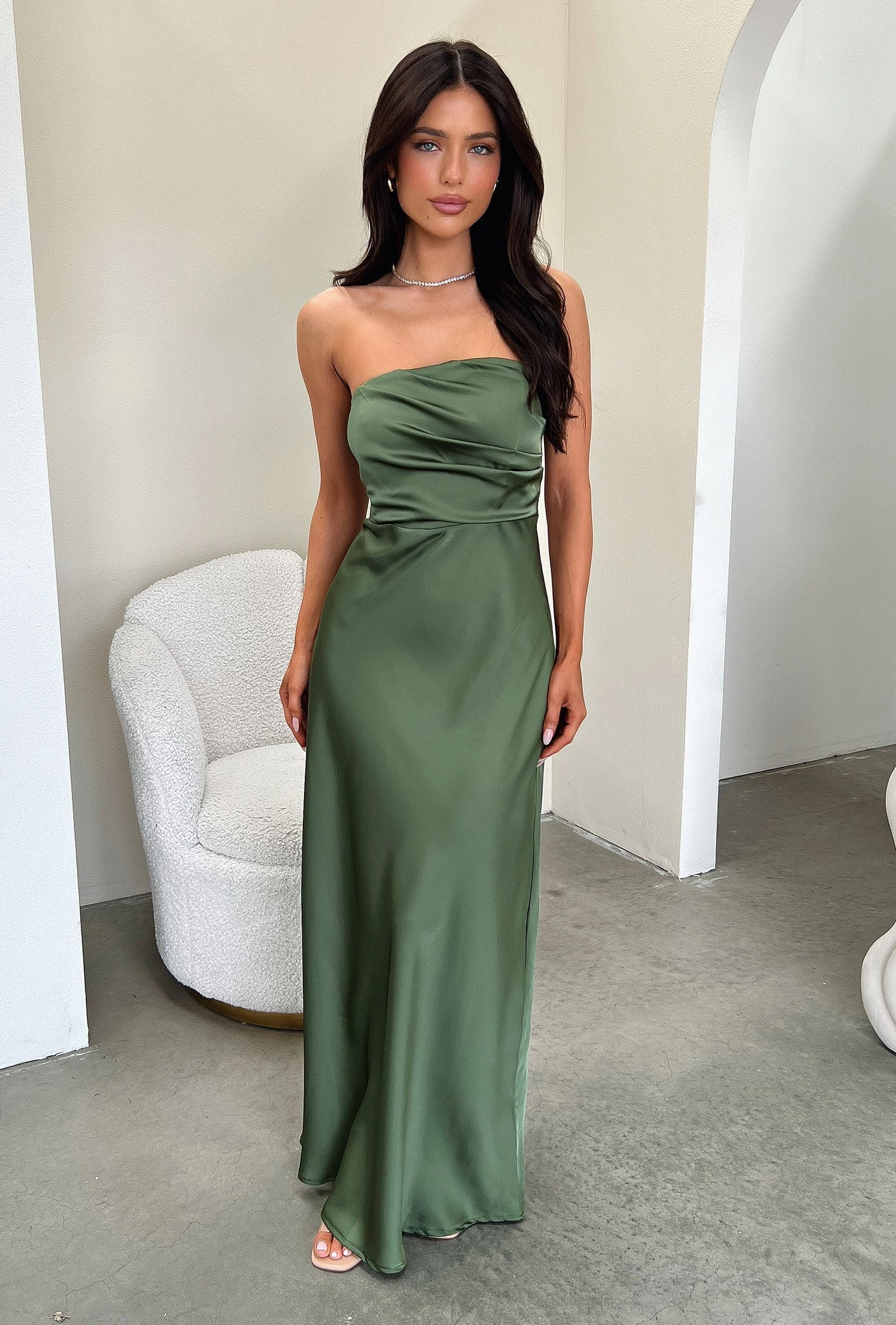 Elegant Piece Elio Strapless Satin Maxi Dress - Olive