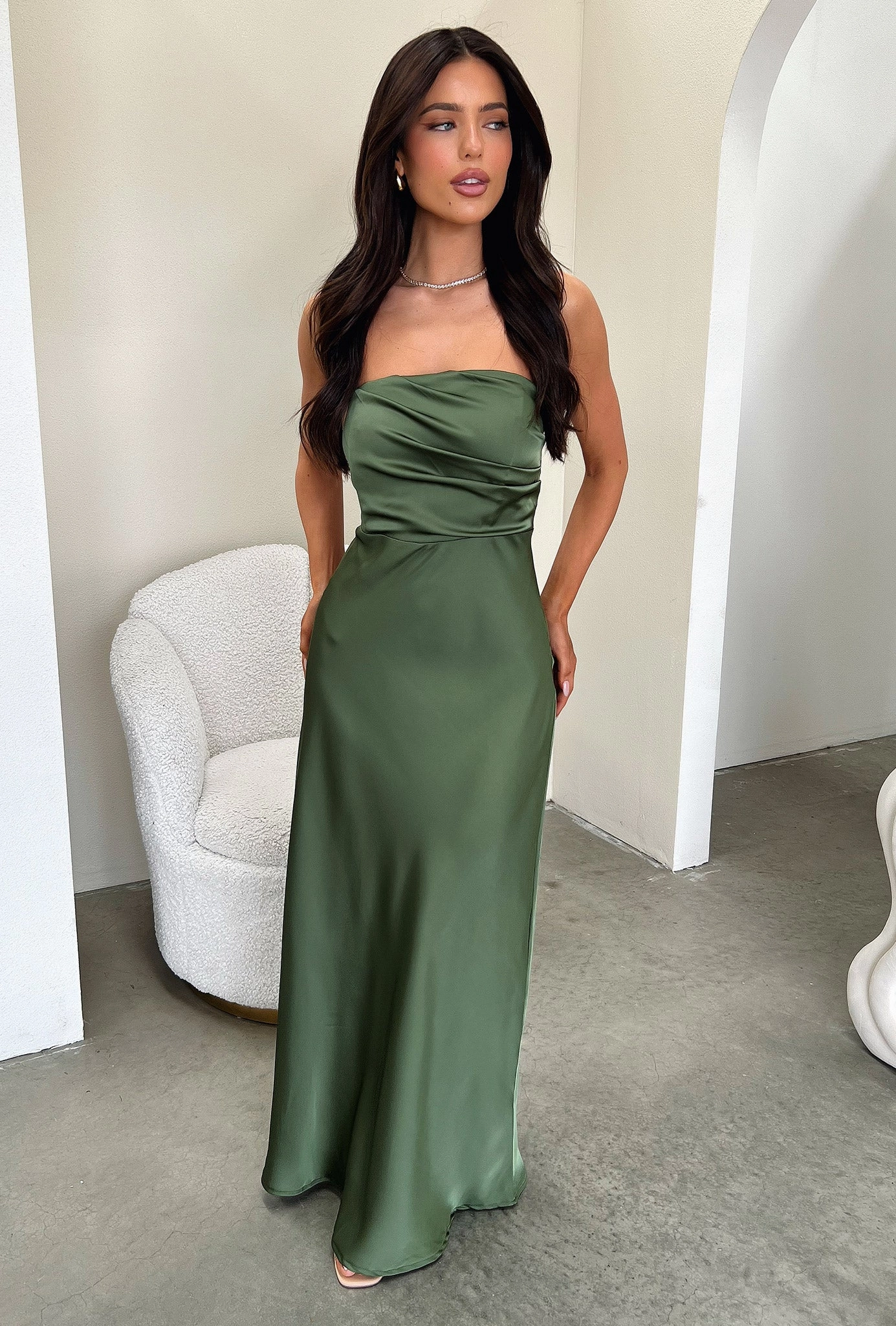Elio Strapless Satin Maxi Dress - Olive Layering Piece