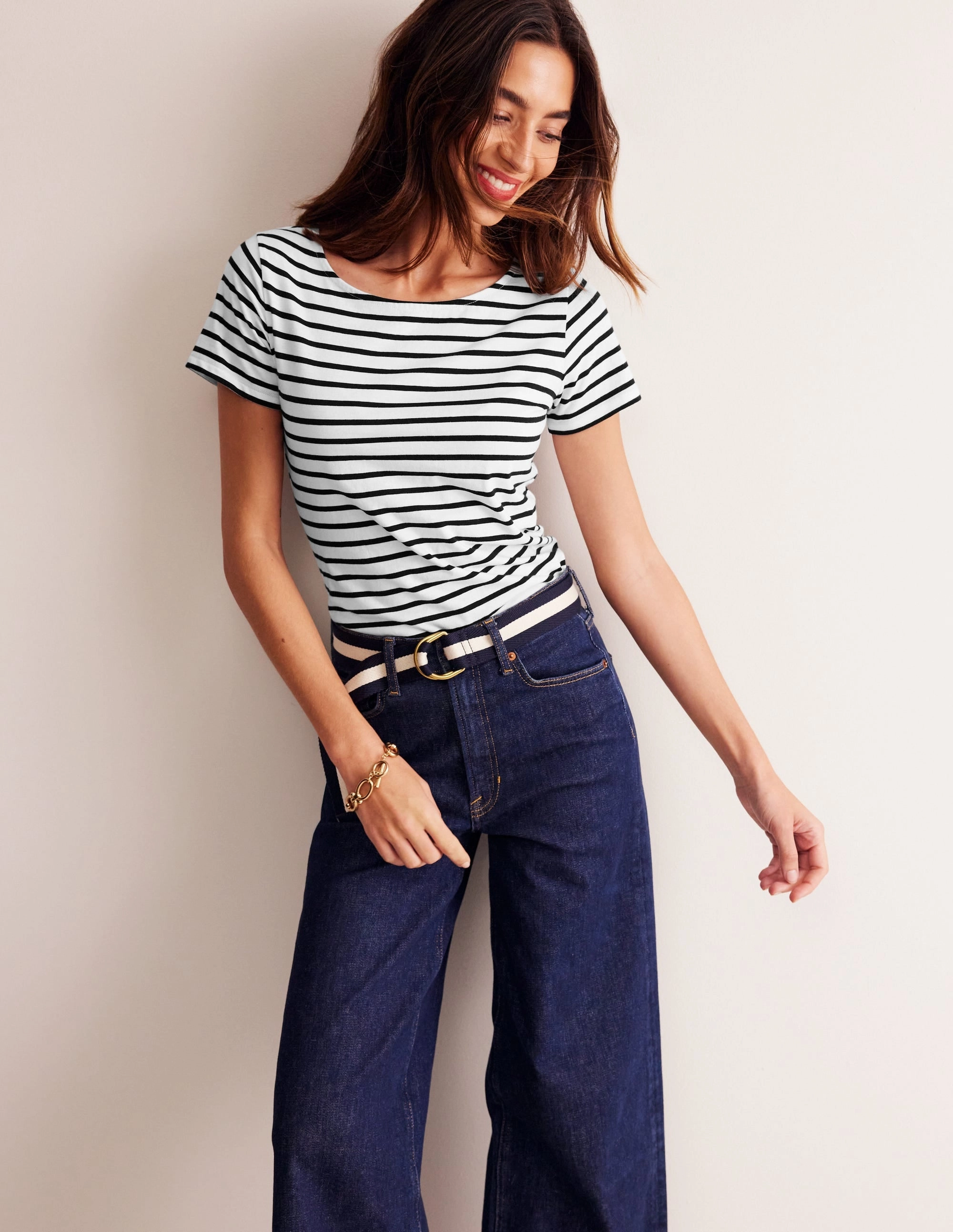 Ella Short Sleeve Breton-Ivory, Black WrinkleFree Weaving