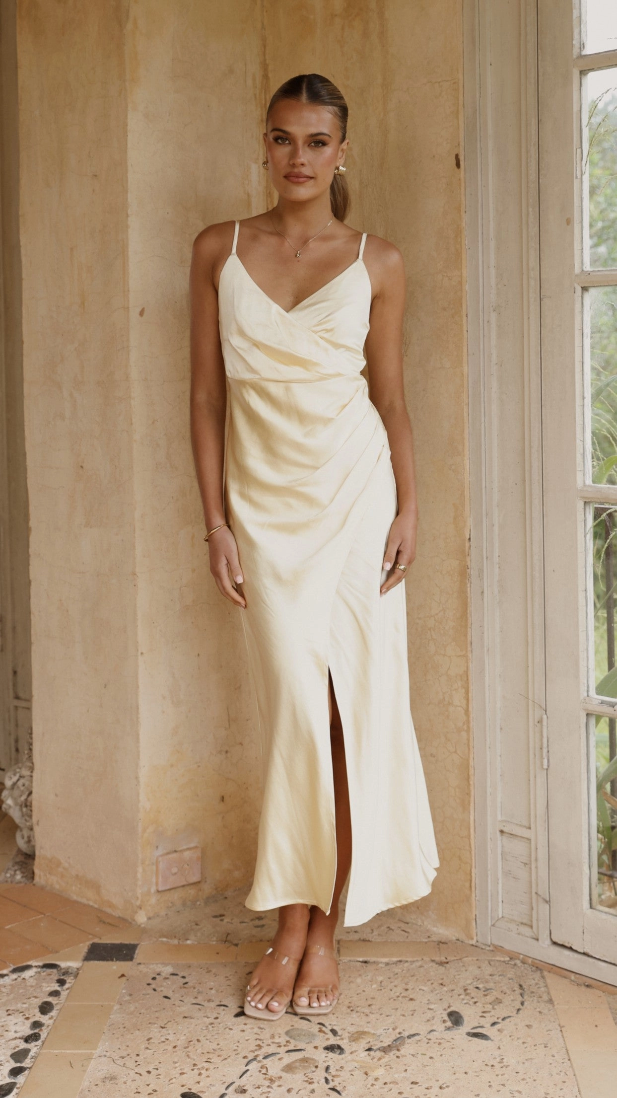 Peach Tone Lightweight-Comfort Elsa Midi Dress - Yellow