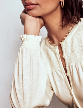 Elsa Smocked Yoke Jersey Shirt-Ivory High Neckline Structure