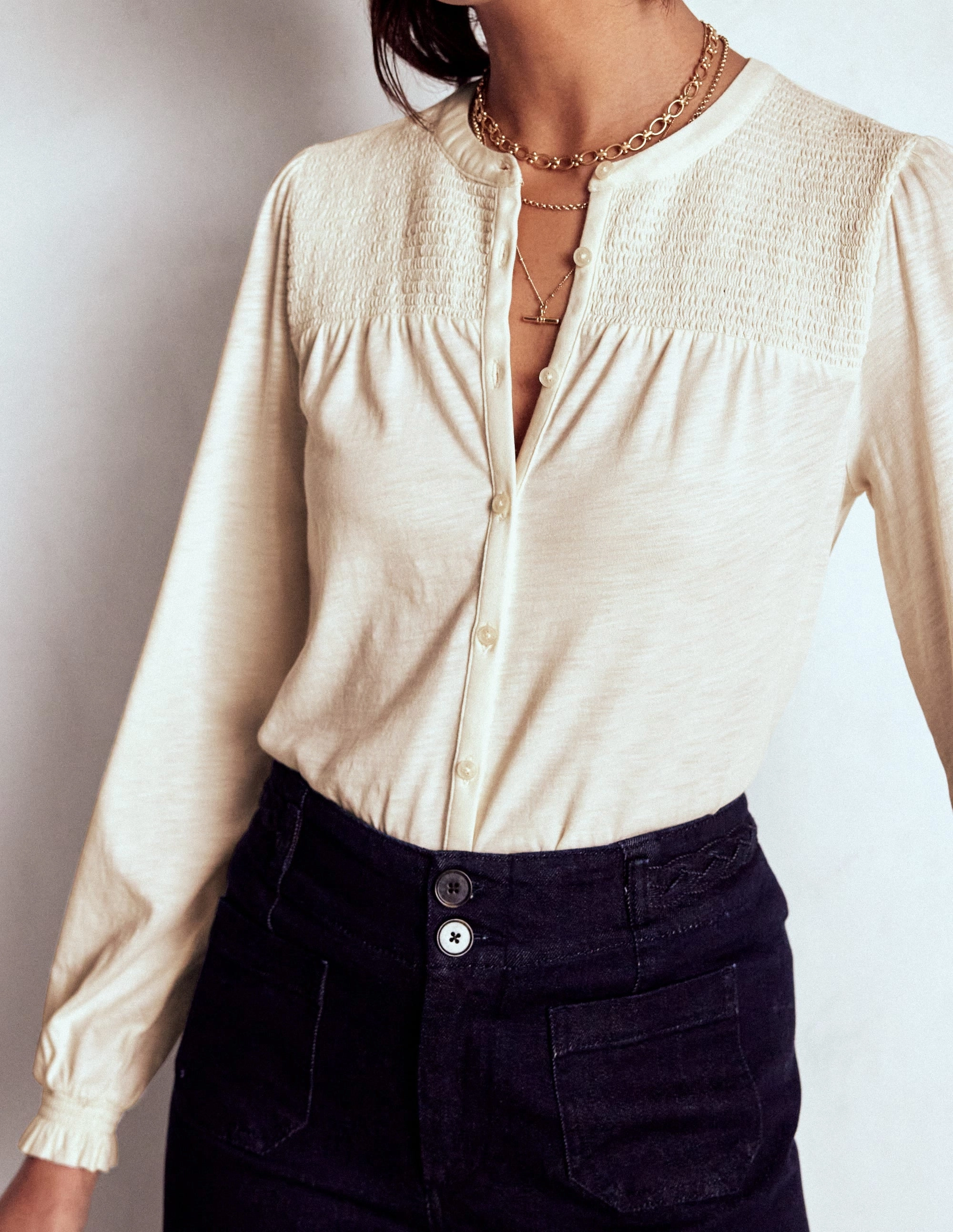 Elsa Smocked Yoke Jersey Shirt-Ivory Circular Knit Technique WaterResistant