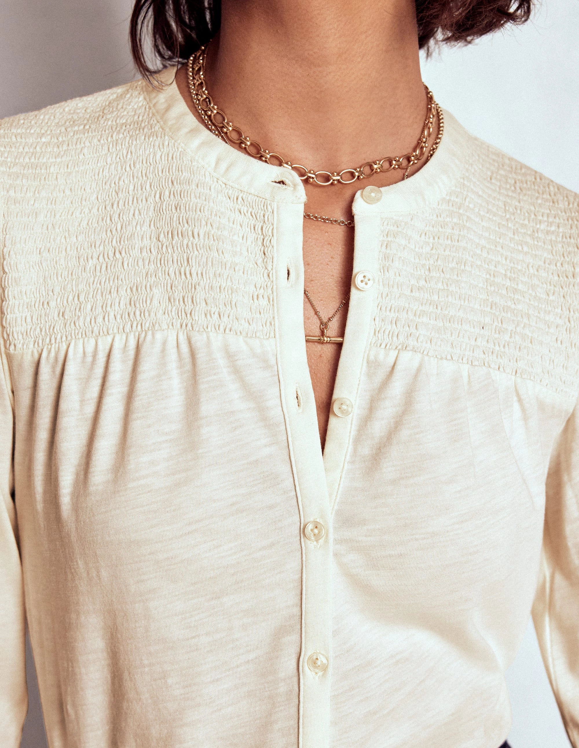 Elsa Smocked Yoke Jersey Shirt-Ivory OEKOTEX Certified Fabric