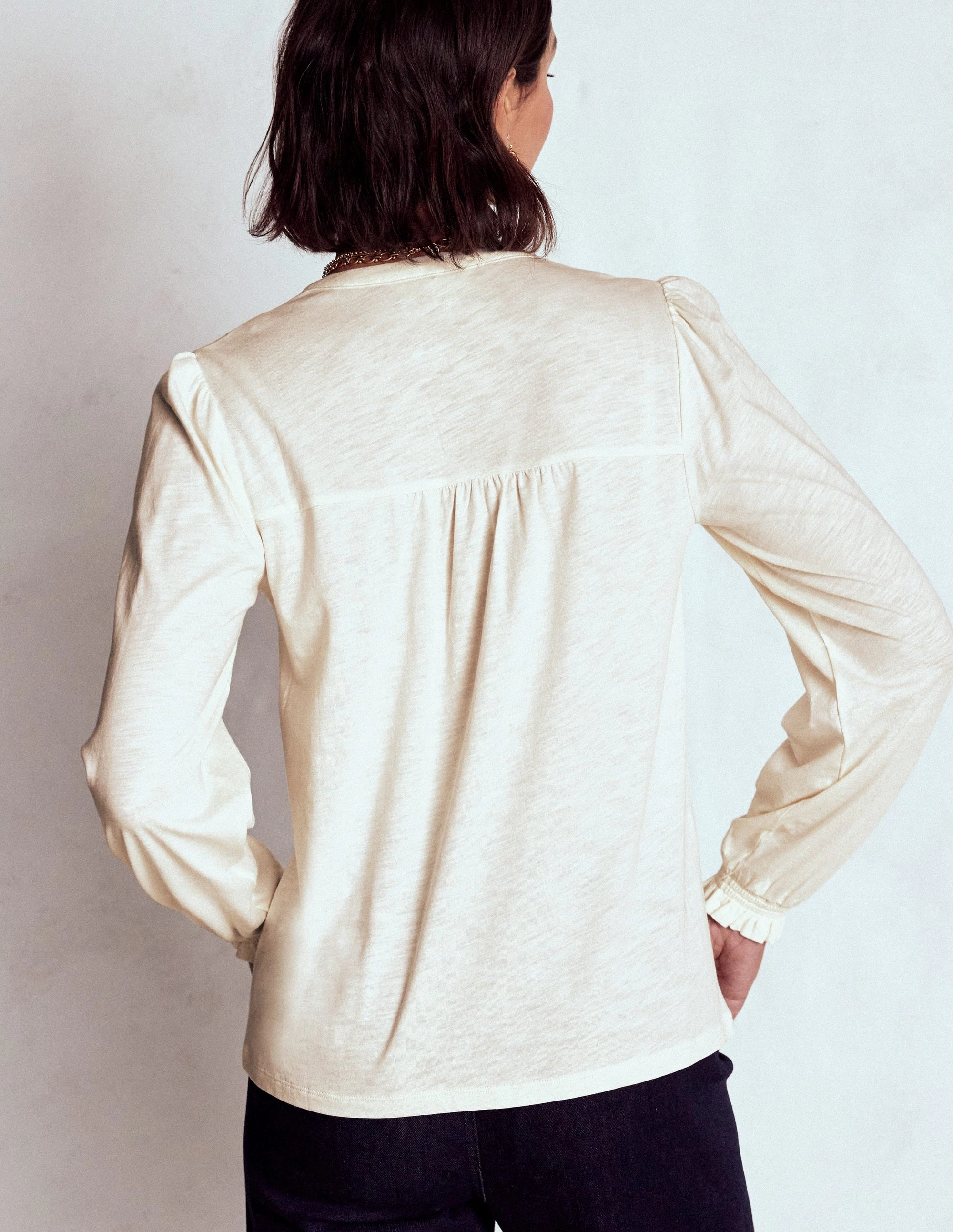 Elsa Smocked Yoke Jersey Shirt-Ivory Comfort Cushion Neckline Ribbed Hem Finish