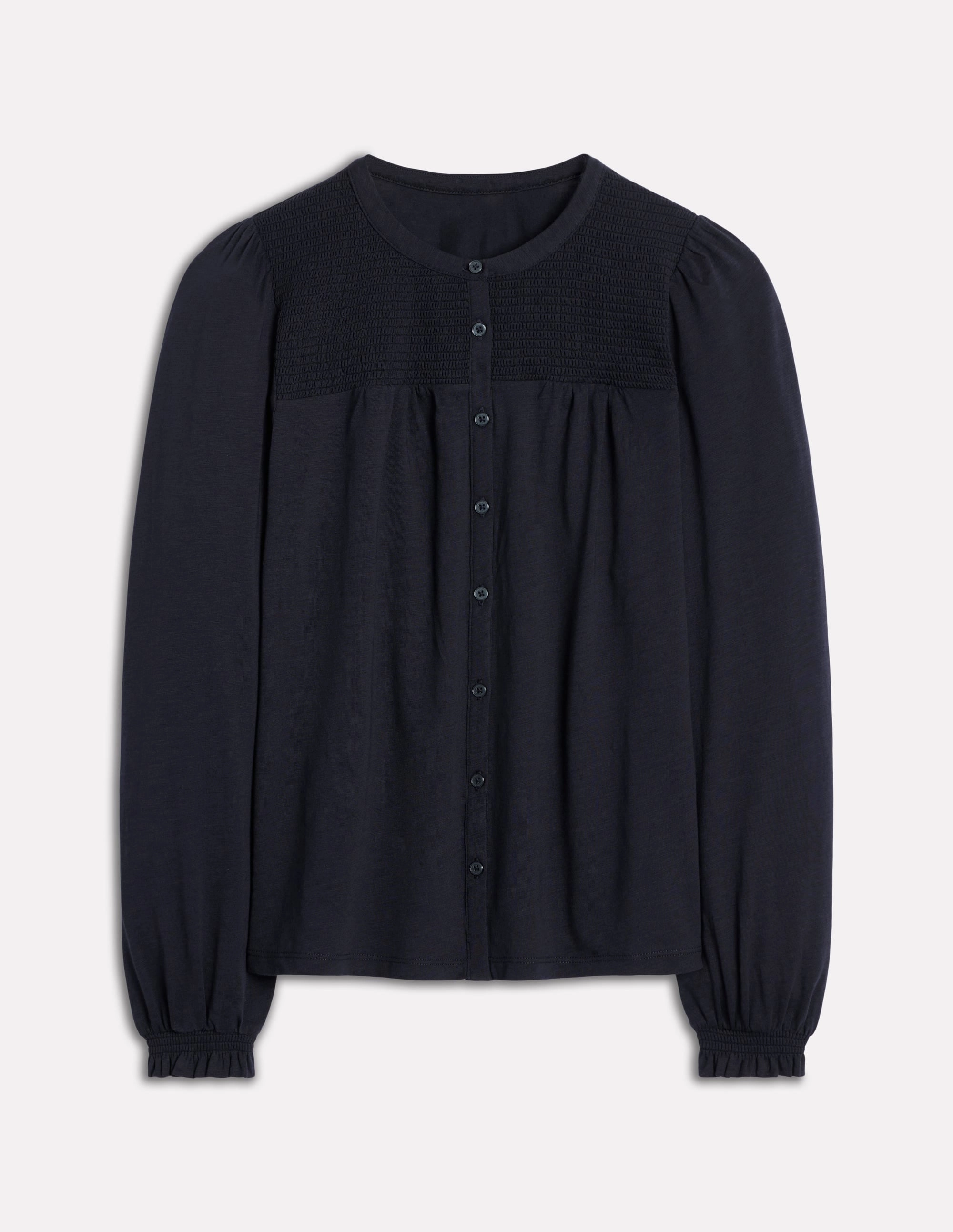 Elsa Smocked Yoke Jersey Shirt-Navy Vintage Hoodie Ethically Sourced Yarn