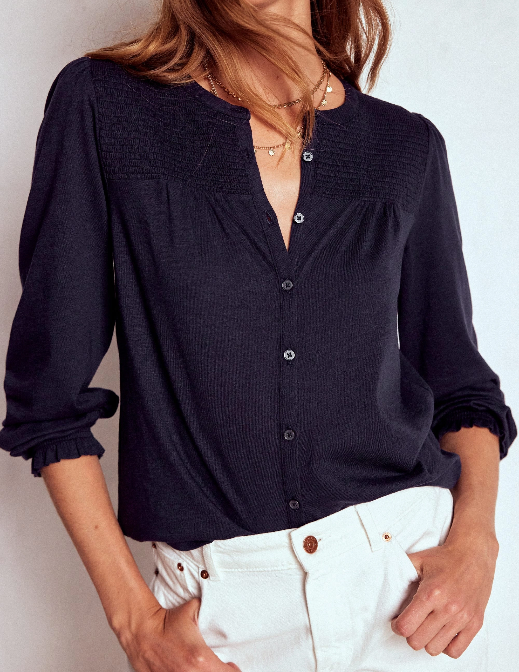 Elsa Smocked Yoke Jersey Shirt-Navy Anti Odor Finish