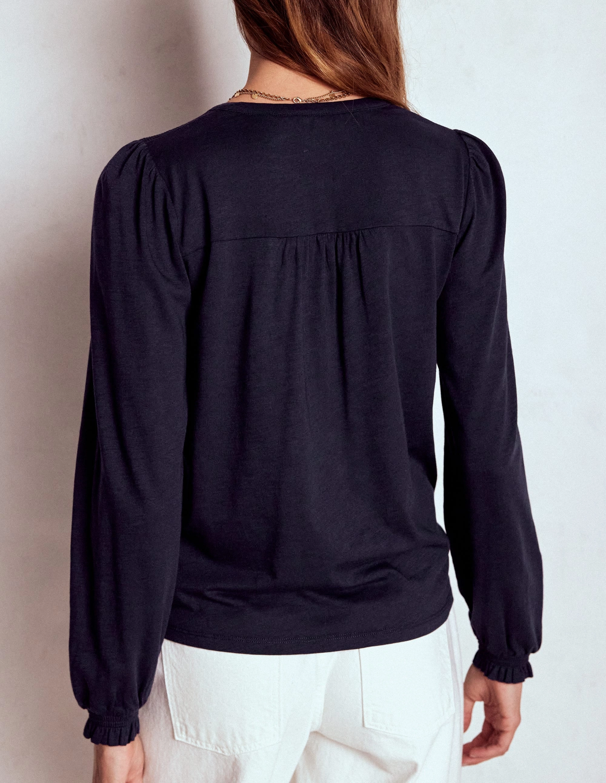 Elsa Smocked Yoke Jersey Shirt-Navy Comfortable Design