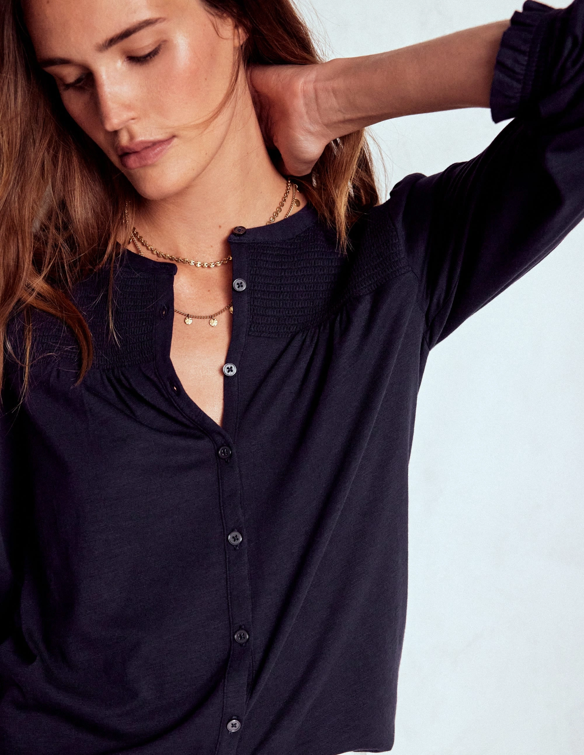 Elsa Smocked Yoke Jersey Shirt-Navy Textured Fabric Finish