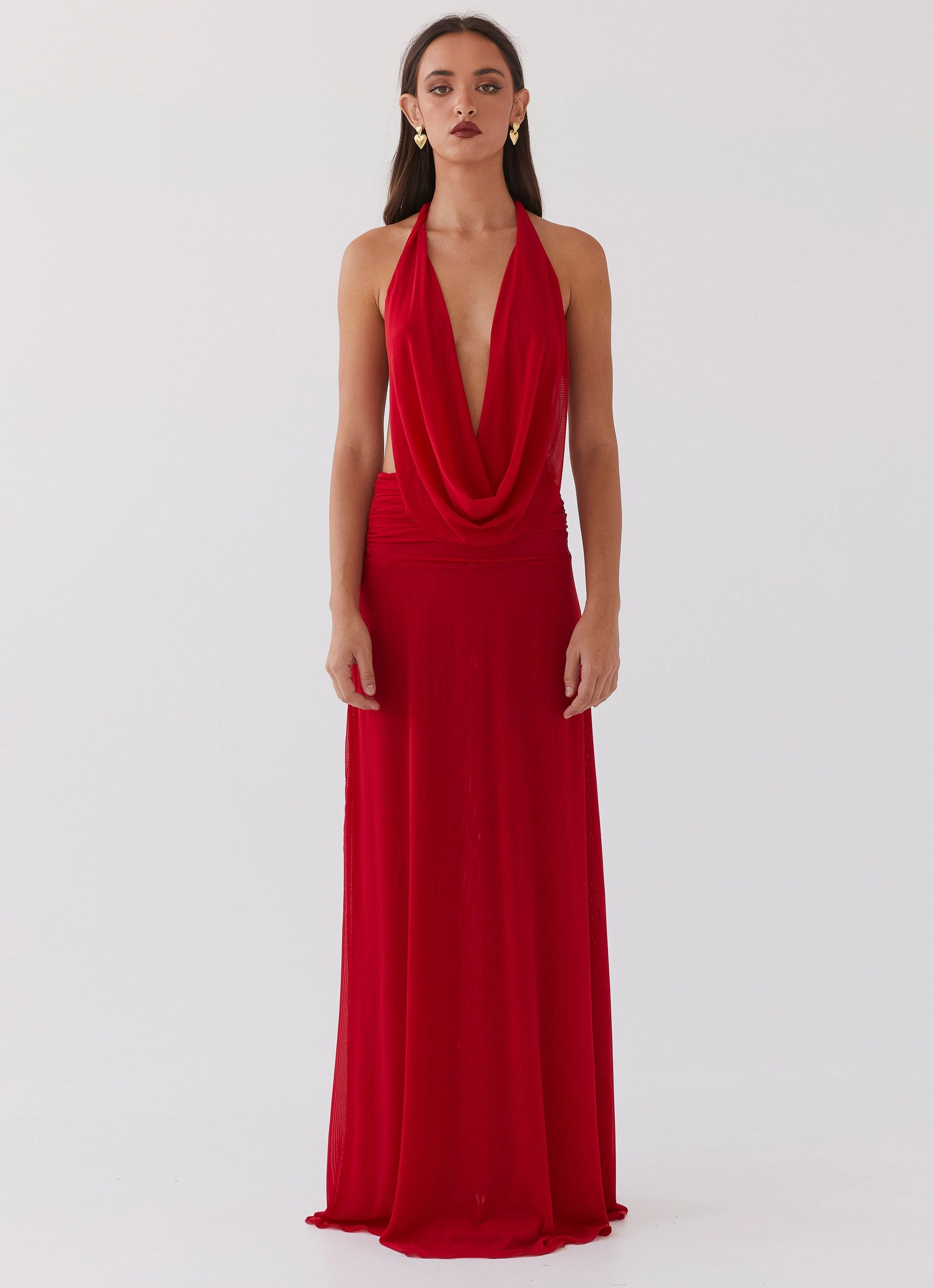 Elysia Mesh Maxi Dress - Cherry Red Easy Drape Minimalist-Trend