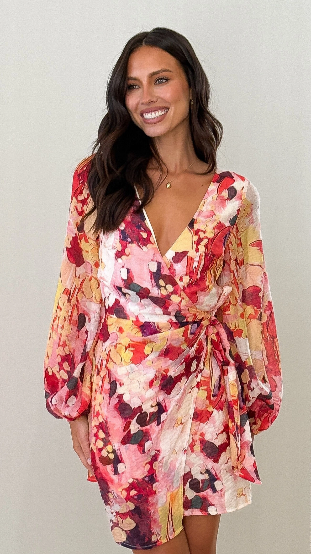 Jemma Long Sleeve Mini Dress - Pink Abstract Bold Movement Chilly Wear