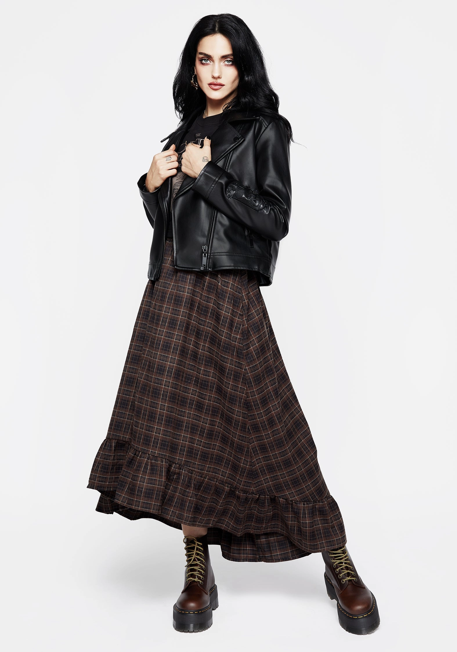 Embla Check Ruffle Maxi Skirt Stretch Material