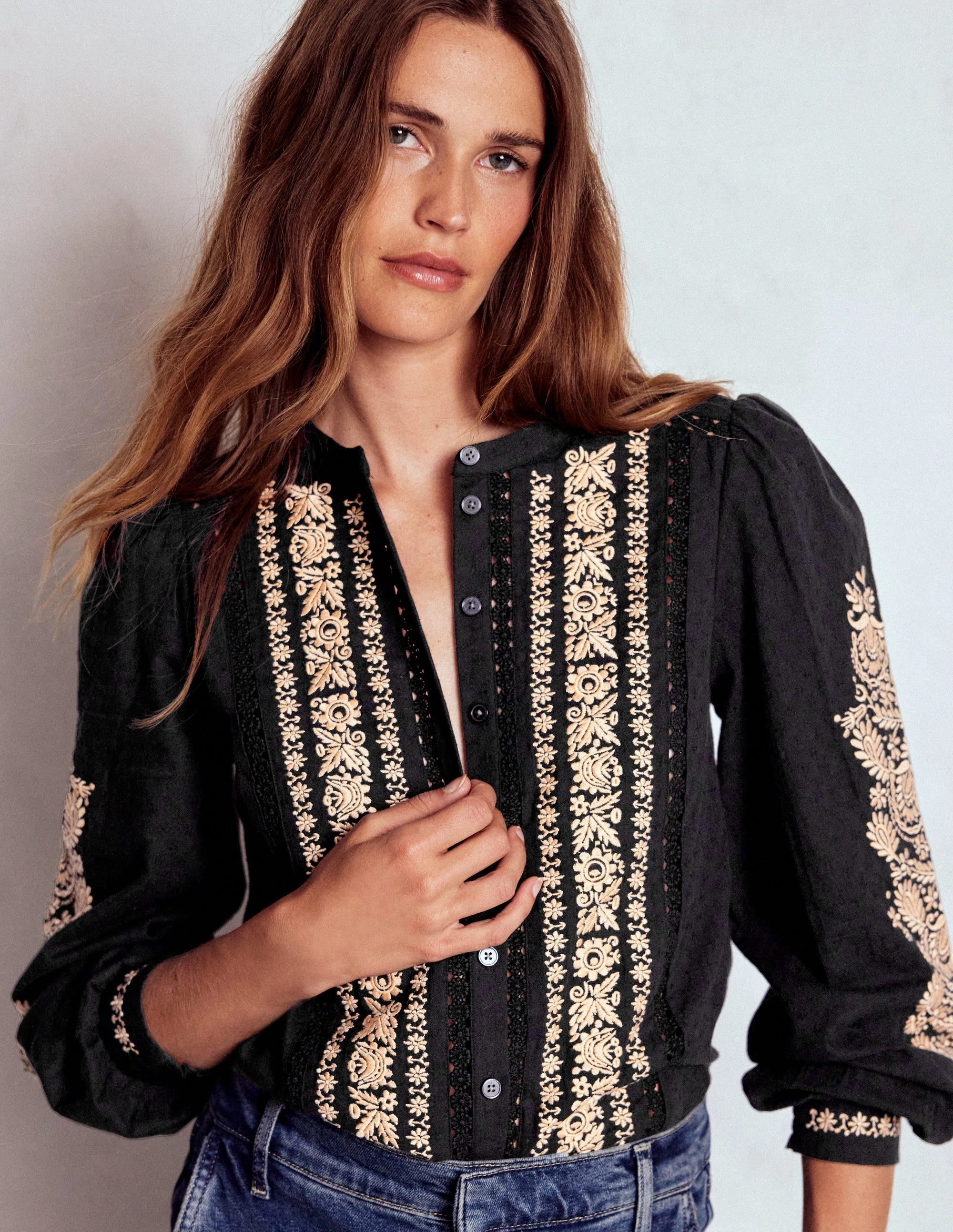 Embroidered Cotton Top-Black Two Tone Weave