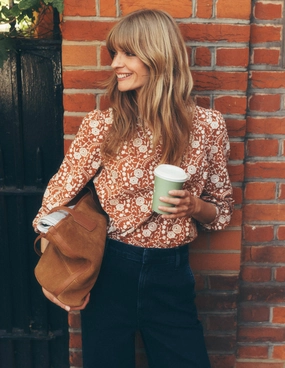 FrenchTerryTexture Embroidered Cotton Top-Brown