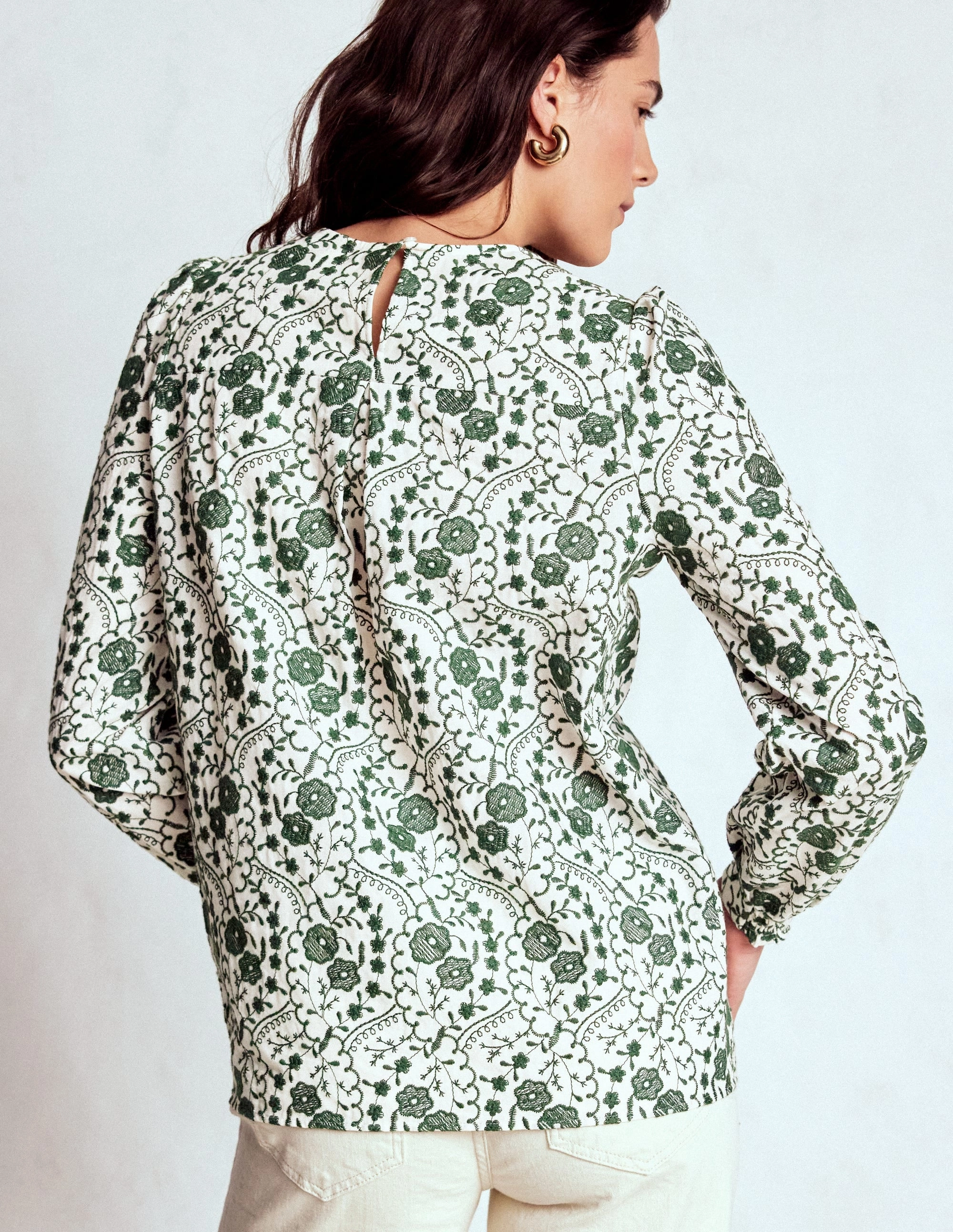 Adjustable Hem Toggles Embroidered Cotton Top-Ivory