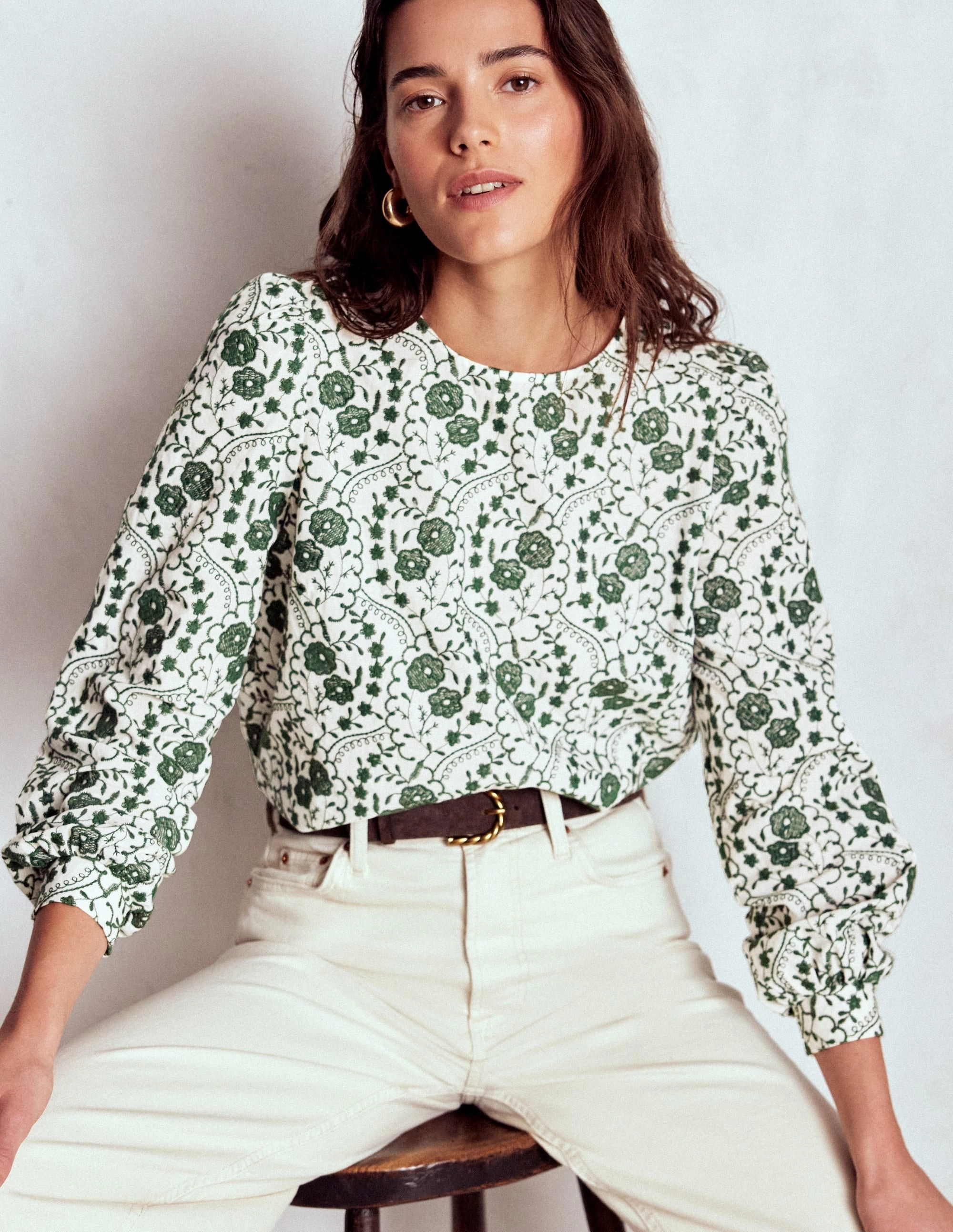 HighStretch Embroidered Cotton Top-Ivory