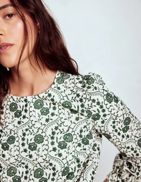 Embroidered Cotton Top-Ivory Contrast Stitch Snag Proof Weave