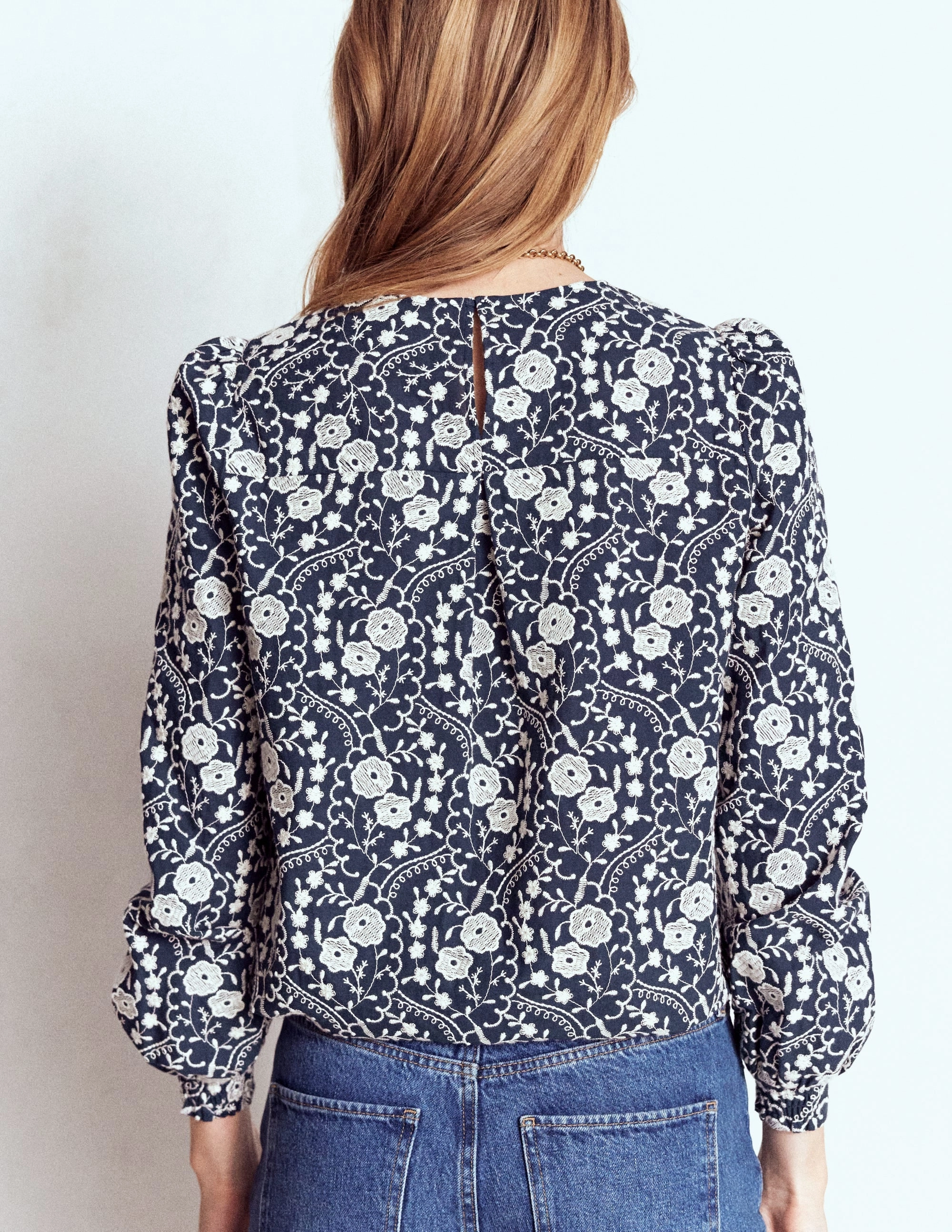 Easy Wear Embroidered Cotton Top-Navy
