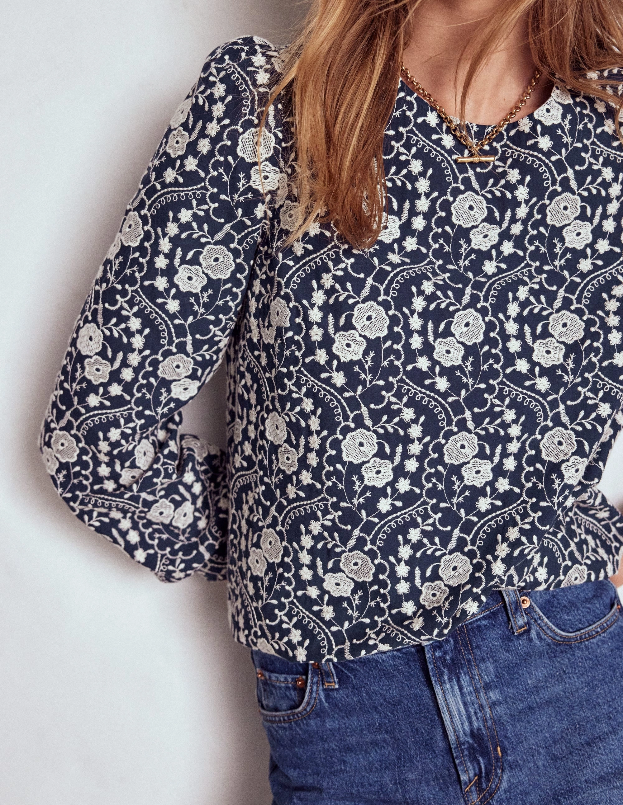 Embroidered Cotton Top-Navy Fade Resistant Finish Soft Touch Blend