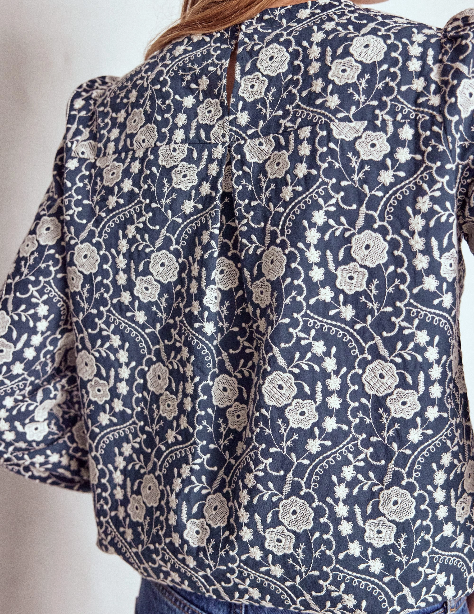 ButtonFront AntiPillingSurface Embroidered Cotton Top-Navy