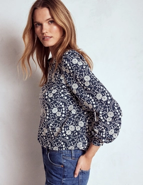Embroidered Cotton Top-Navy Casual Fit QuickDry Textile