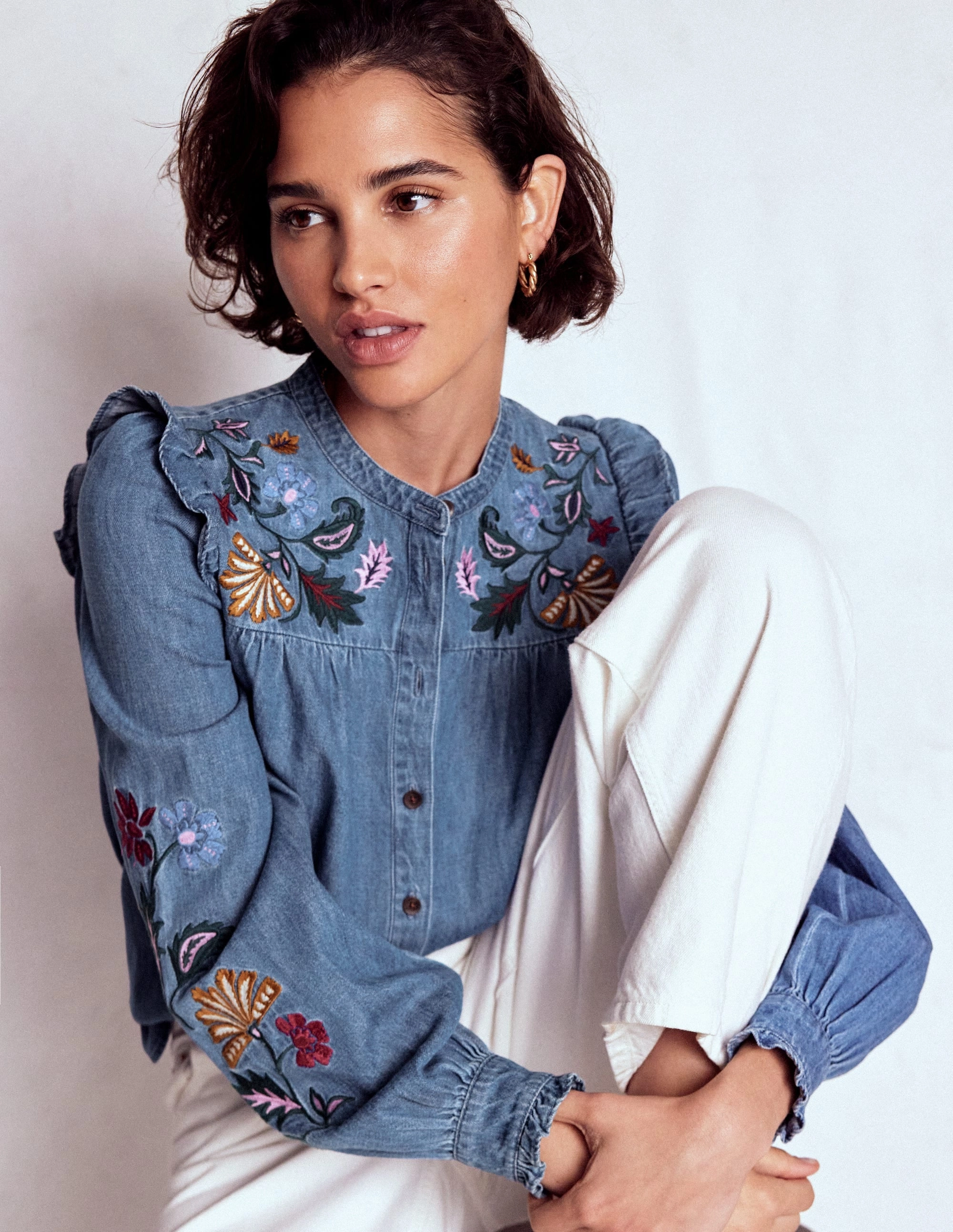 Pocket Reinforcement Embroidered Denim Top-Light Vintage, Embroidered