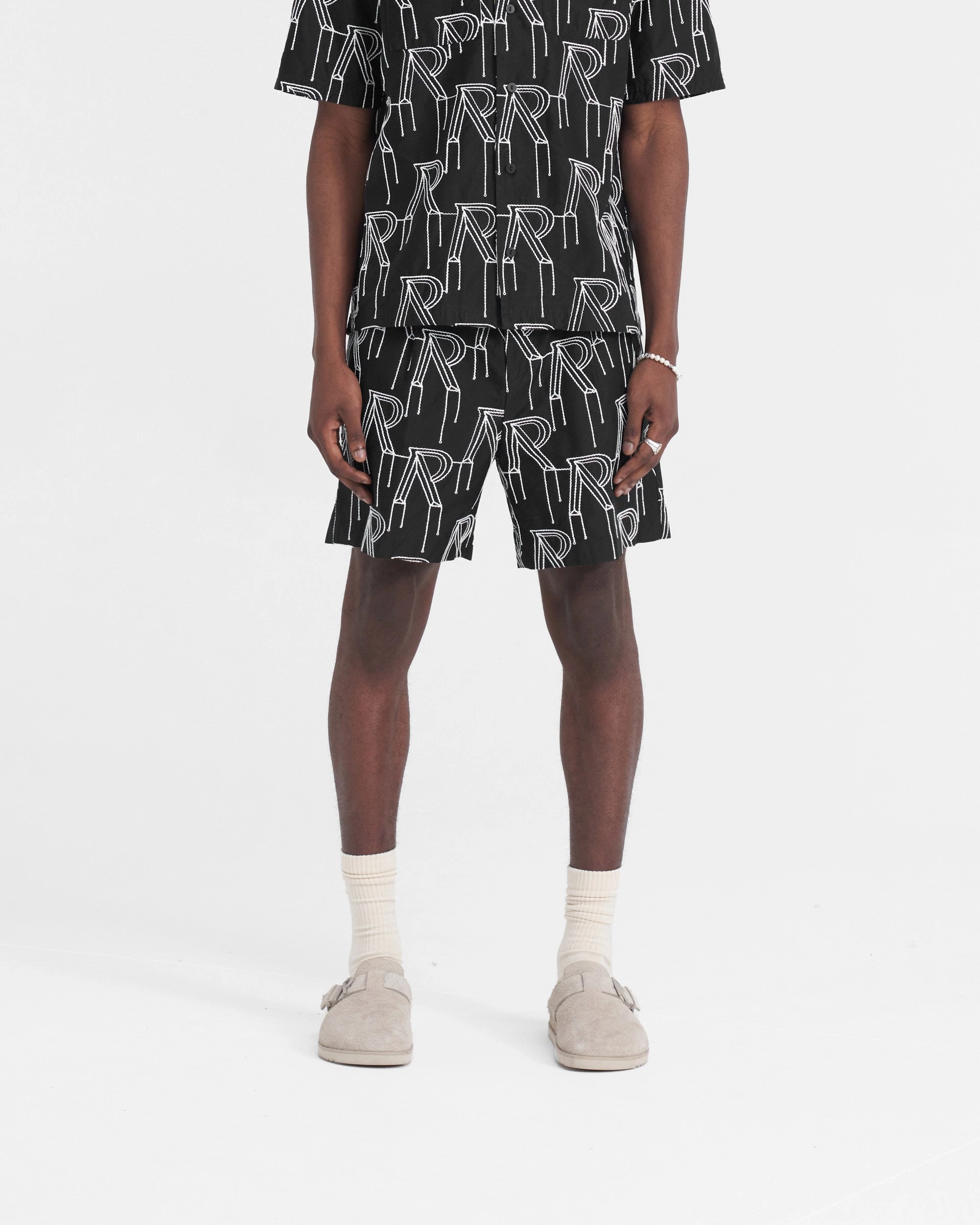 Embroidered Initial Tailored Short - Black Daily Layer Faux Leather