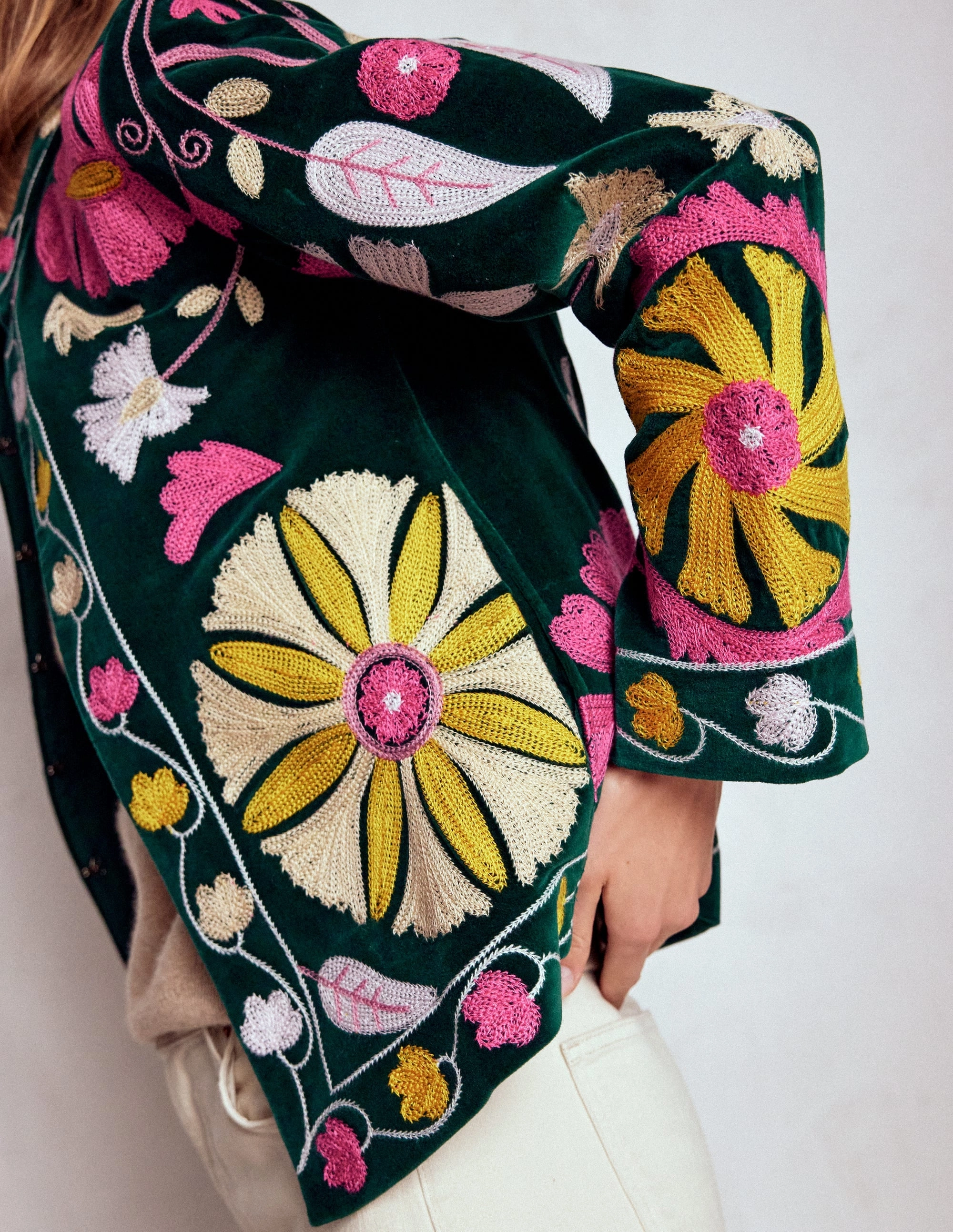 Embroidered Souvenir Jacket-Emerald Night Embroidery Athletic Tailored Fit elastic waistband