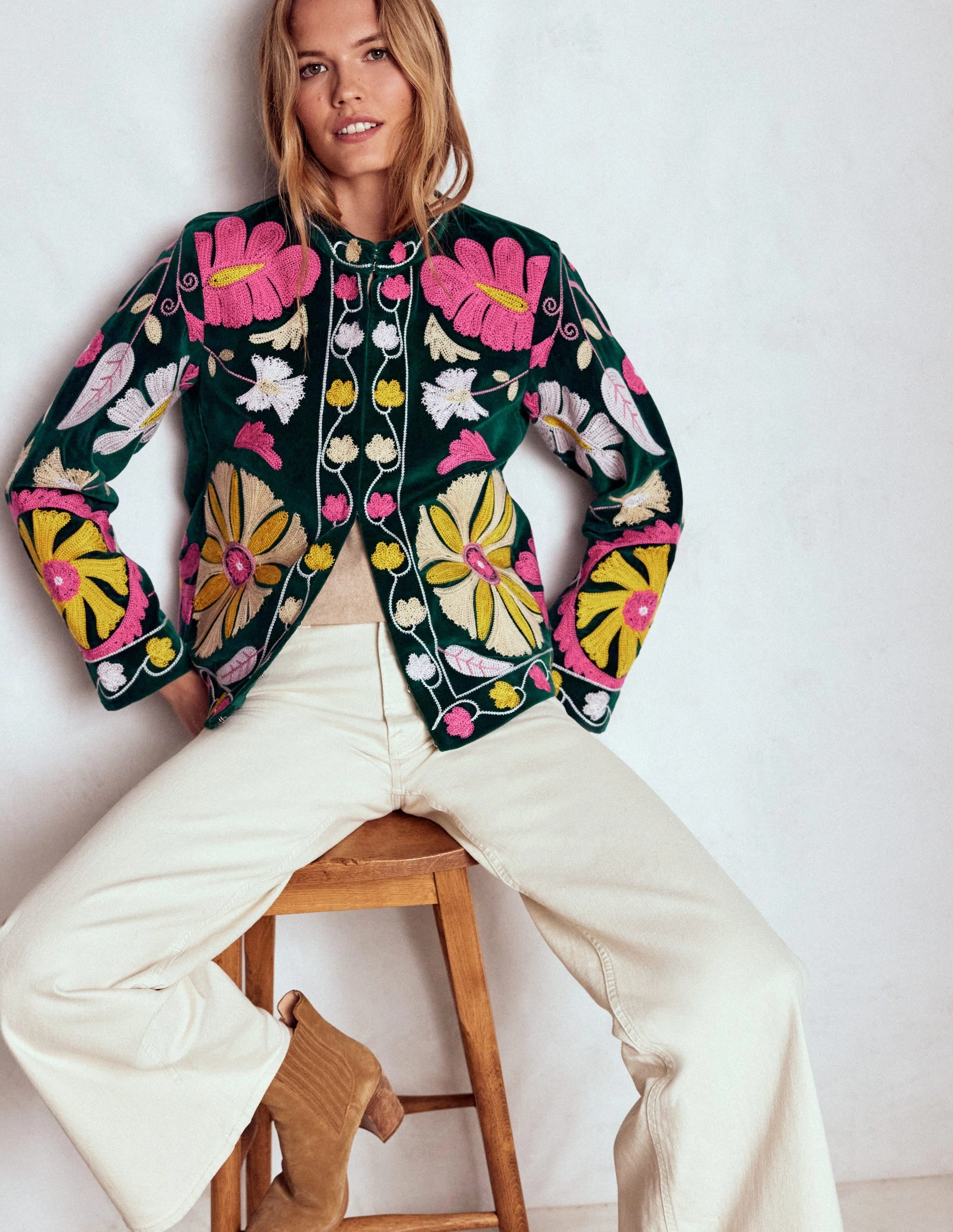 Elasticated Waistband Embroidered Souvenir Jacket-Emerald Night Embroidery