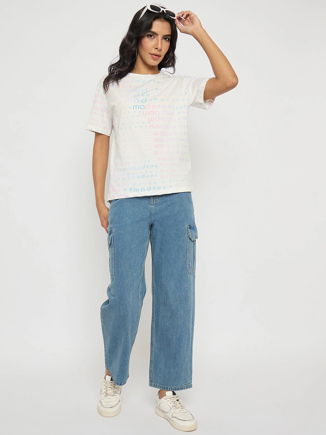 Madame All Over Print White Cotton T-shirt Slim Fit Wear