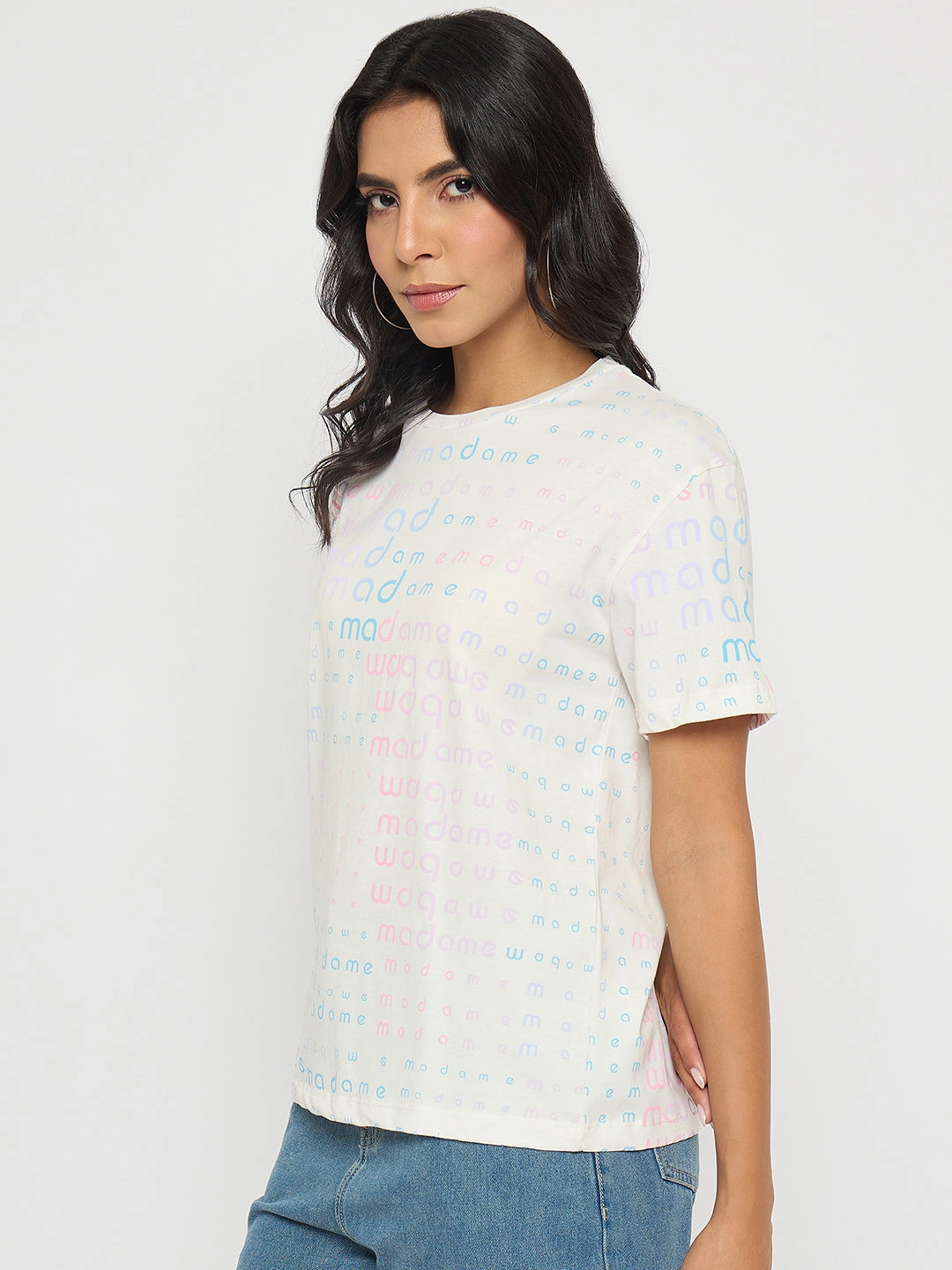 Madame All Over Print White Cotton T-shirt Fashion Ready