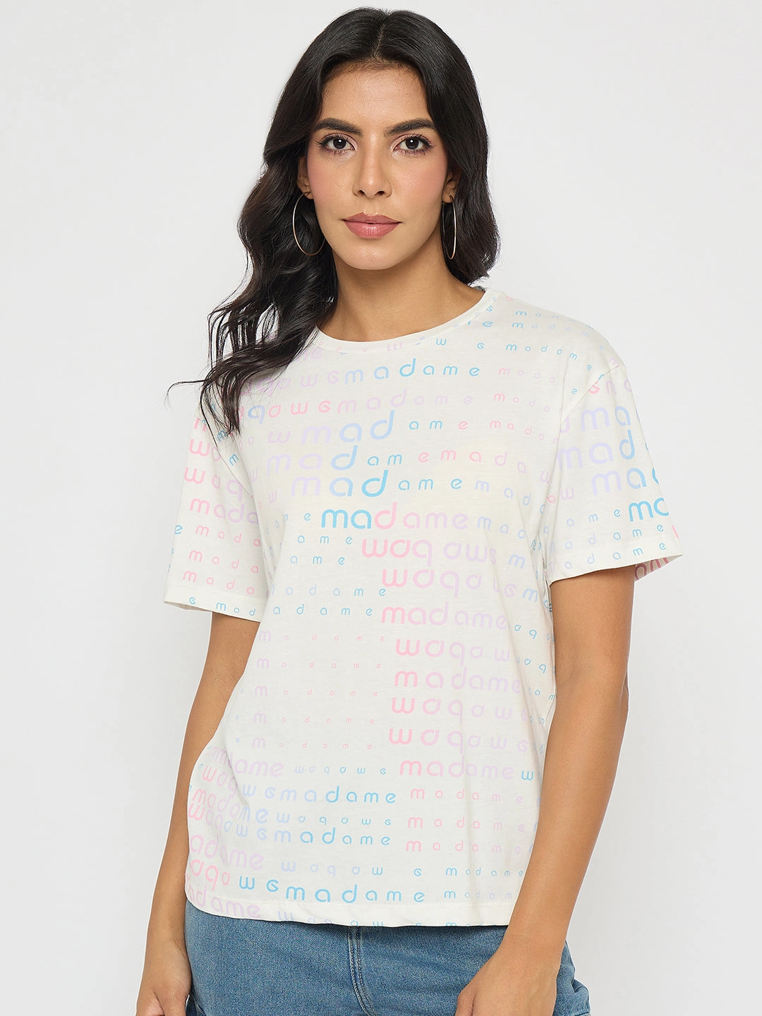 Madame All Over Print White Cotton T-shirt Comfy All-Day