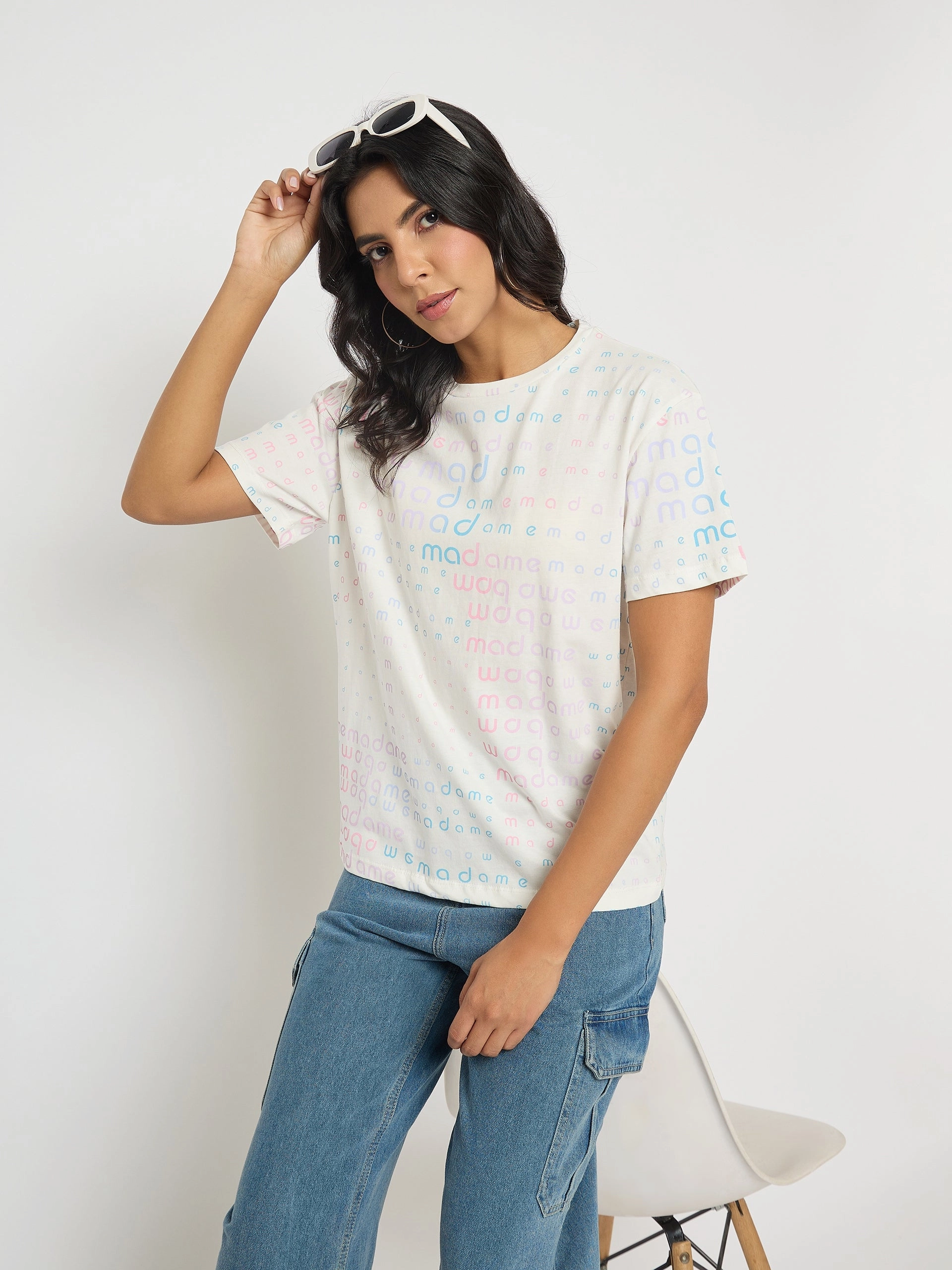 Madame All Over Print White Cotton T-shirt Layering Wear GarmentDyedTexture