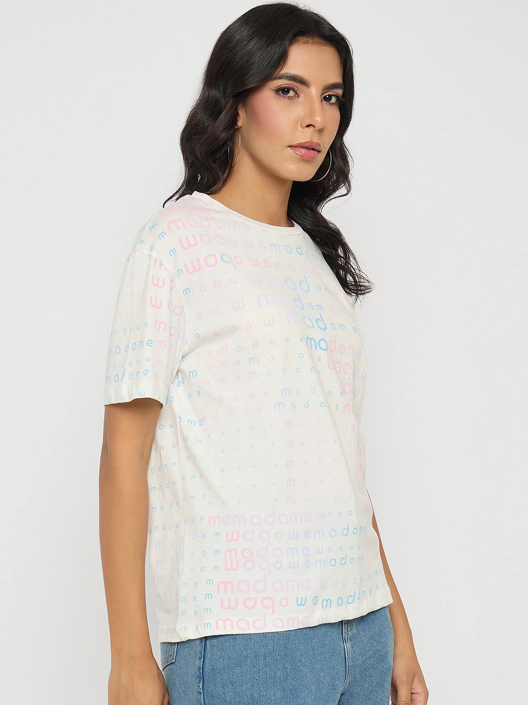 comfortable option Madame All Over Print White Cotton T-shirt