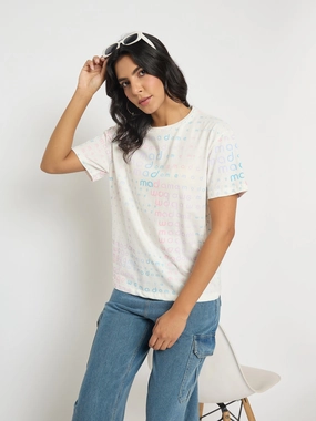 Madame All Over Print White Cotton T-shirt Layering Wear GarmentDyedTexture
