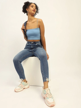 Classic Wear Textured Madame Skinny Fit Raw Hem Cotton Light Blue Denim