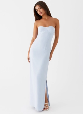 Smooth Surface CrinkleResistantWeave Esra Linen Strapless Maxi Dress - Blue