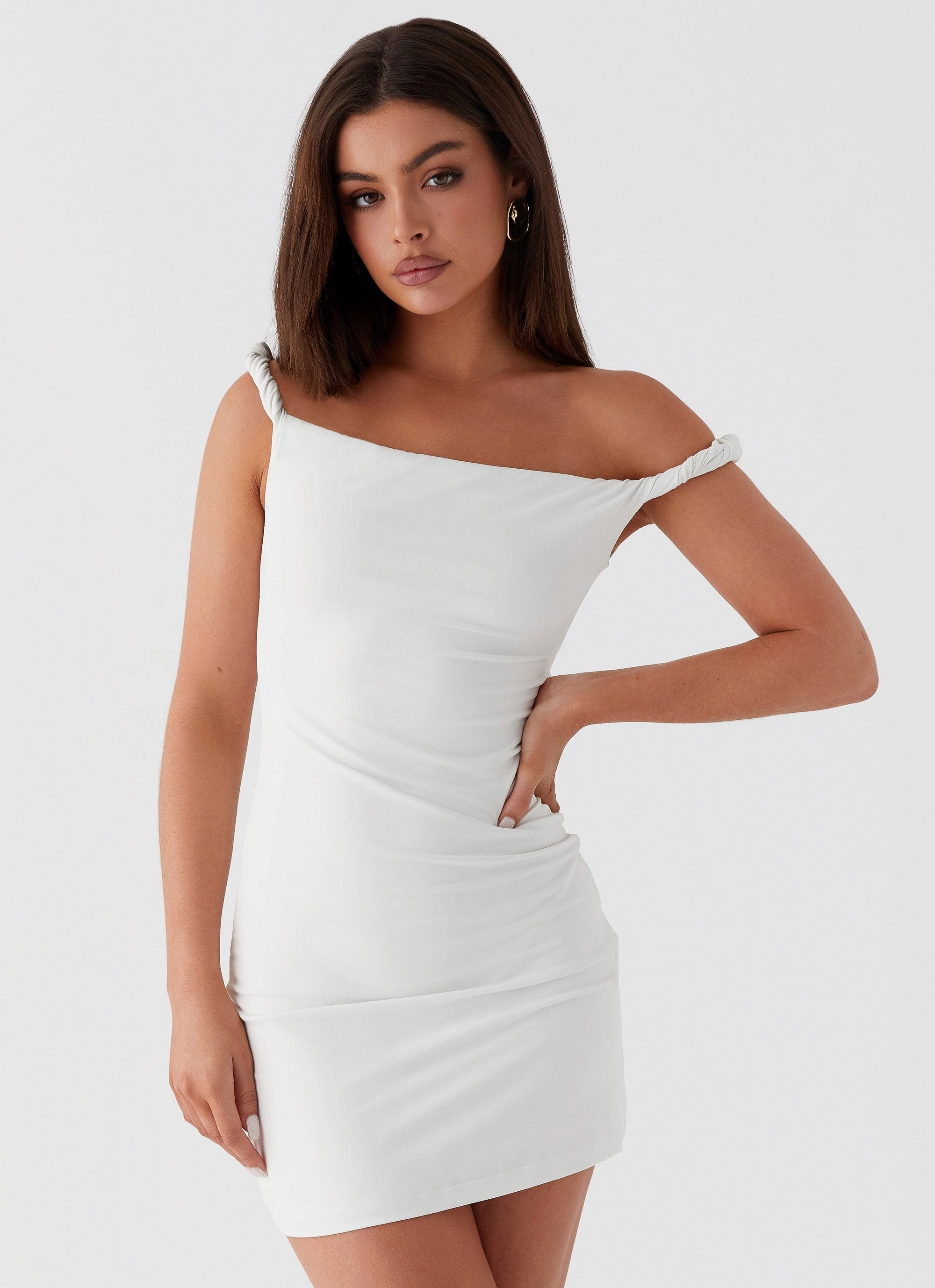 Smart Casual Polished Form Arabella Twist Shoulder Mini Dress - Ivory