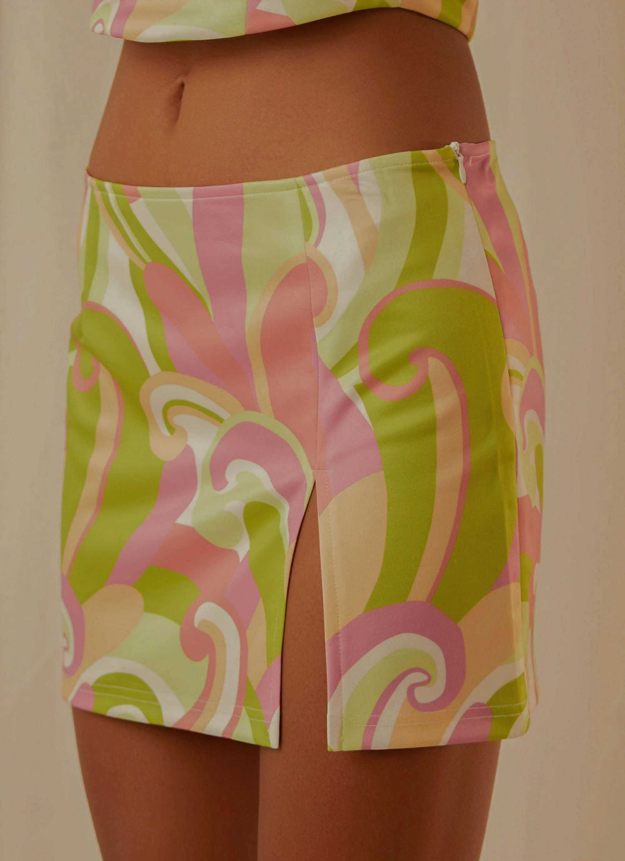 Euphoria Low Rise Mini Skirt - Retro Swirl Matte Finish Urban Fashion