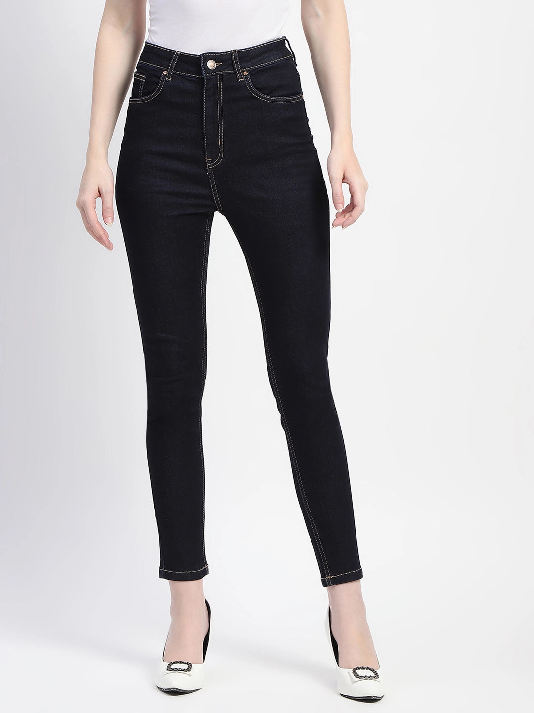 Spring Mood Affordable Madame Solid Dark Blue Skinny Fit Cotton Denim