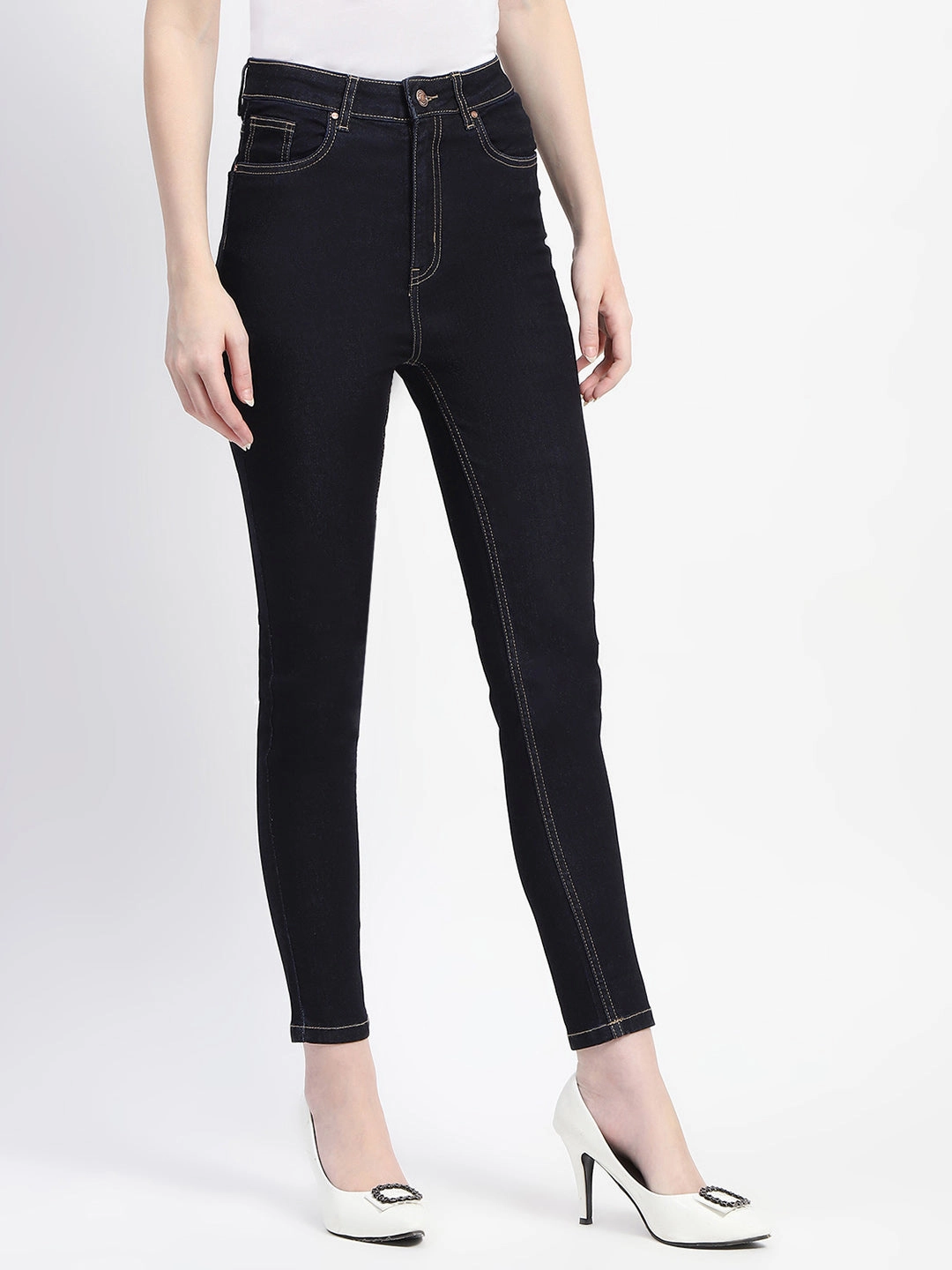 Madame Solid Dark Blue Skinny Fit Cotton Denim Urban Explorer Evening Stroll Casual Friday