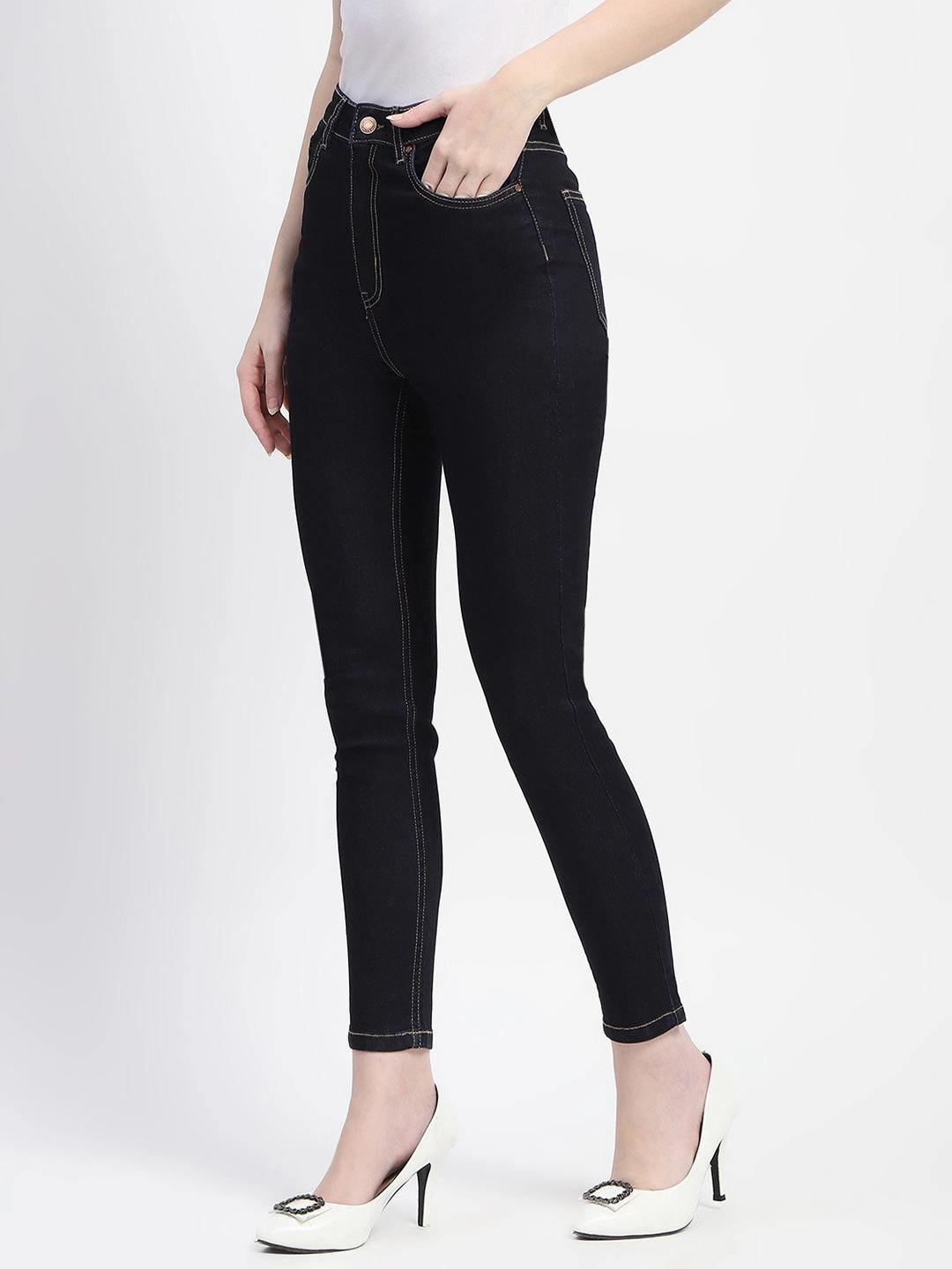 Practical Comfort Madame Solid Dark Blue Skinny Fit Cotton Denim