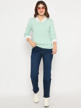 Madame Round Neck Ribbed Cuff Mint Green Sweater Street Style