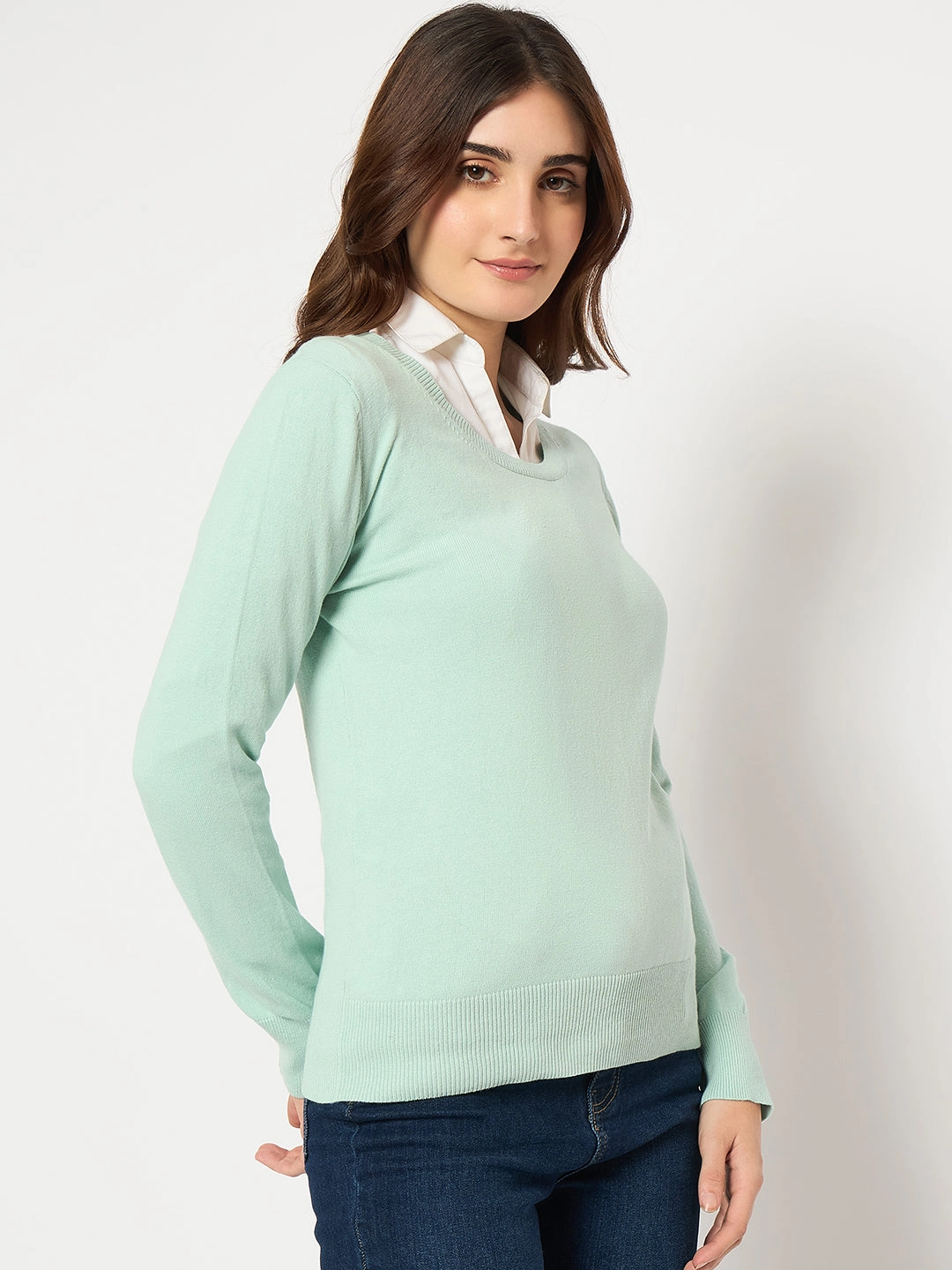 Recycled Fiber Madame Round Neck Ribbed Cuff Mint Green Sweater
