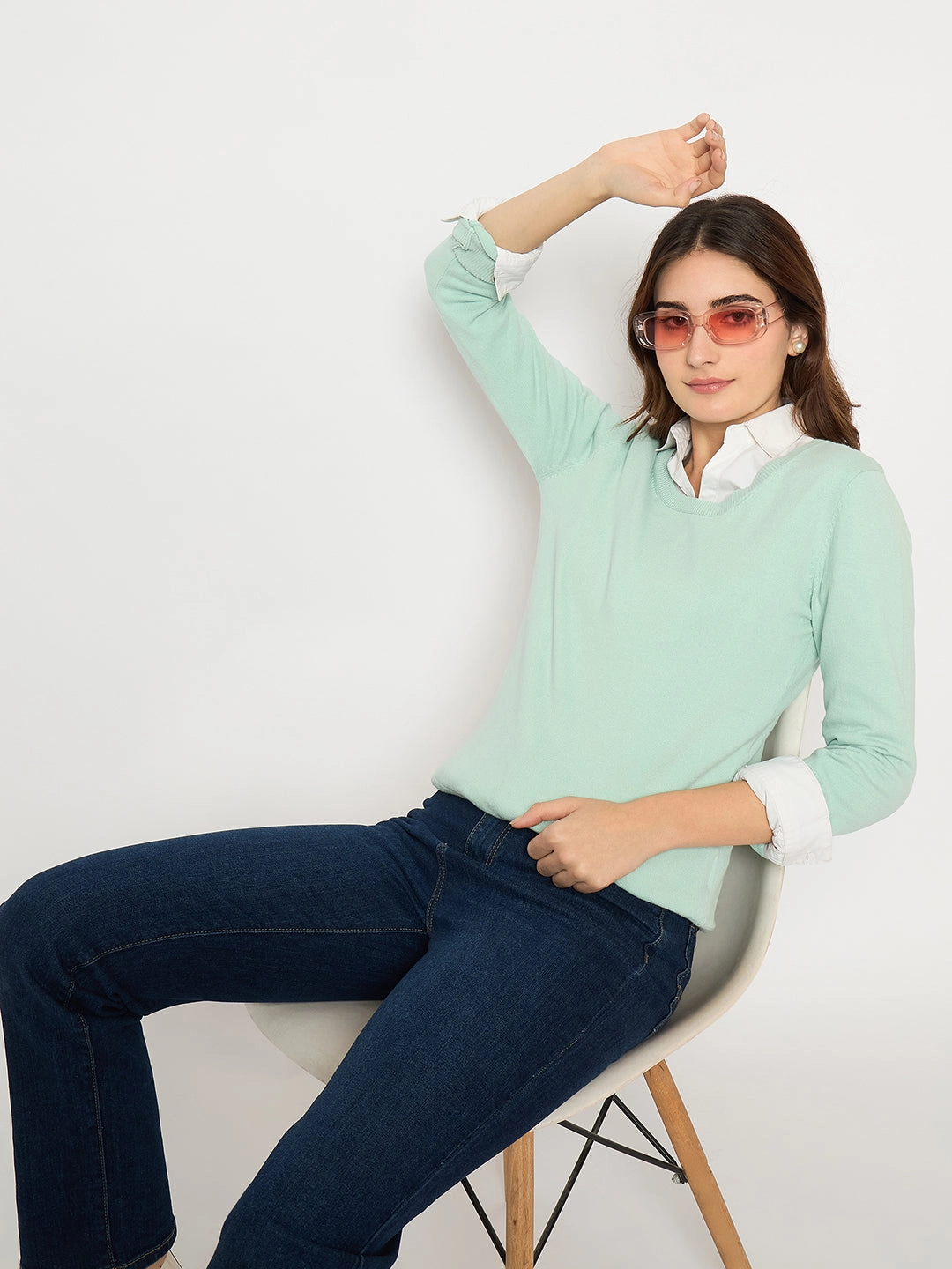 Madame Round Neck Ribbed Cuff Mint Green Sweater Comfy Winter Wear Cozy Waist