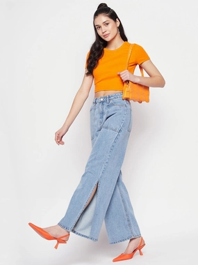 Madame Blue Slit Denim Outfit Mood Crosshatch Stitching