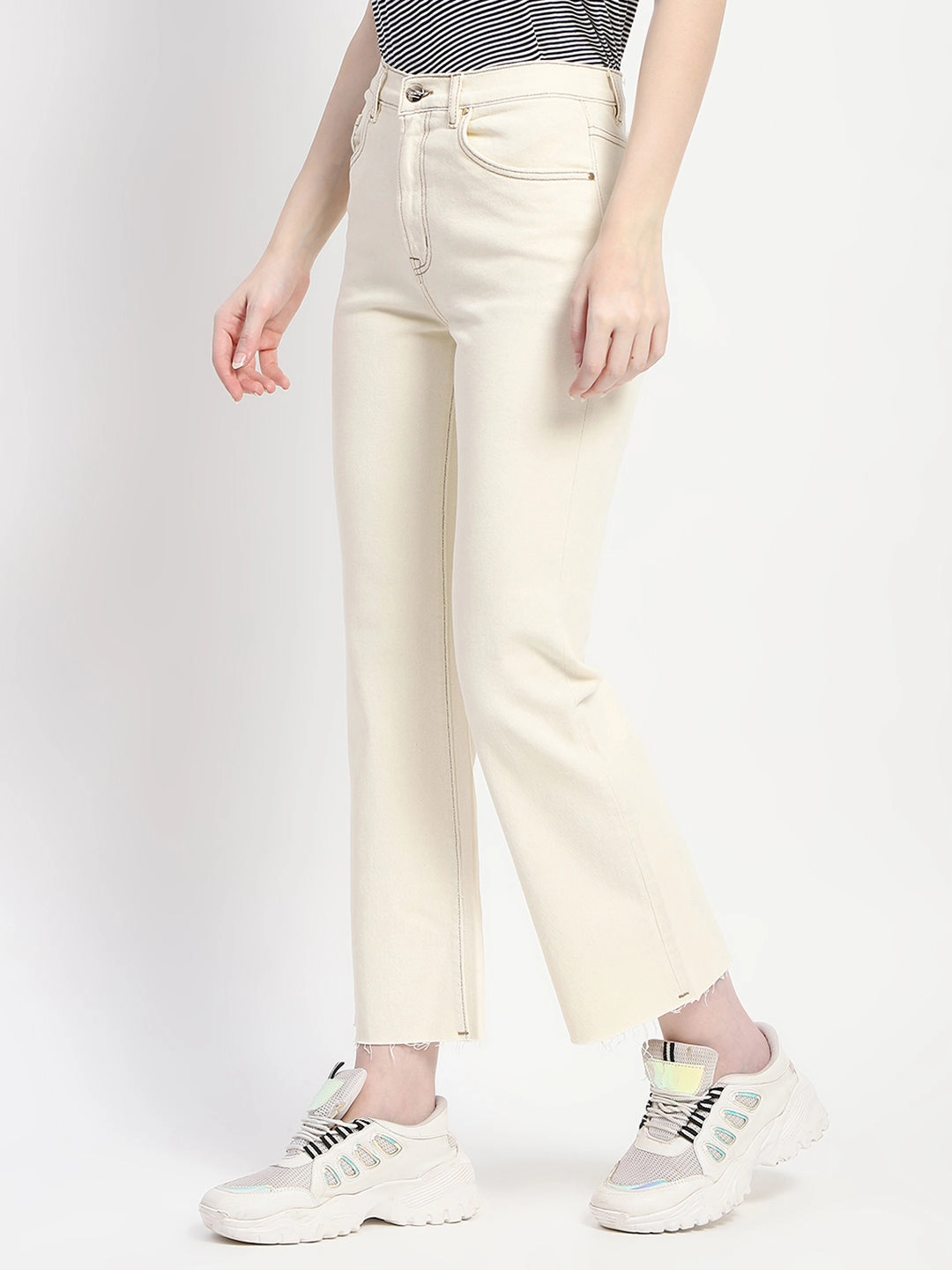 Modern Minimalist Creative Look Layered Knee Panels Madame Off-White Distressed Hem Flared Denim
